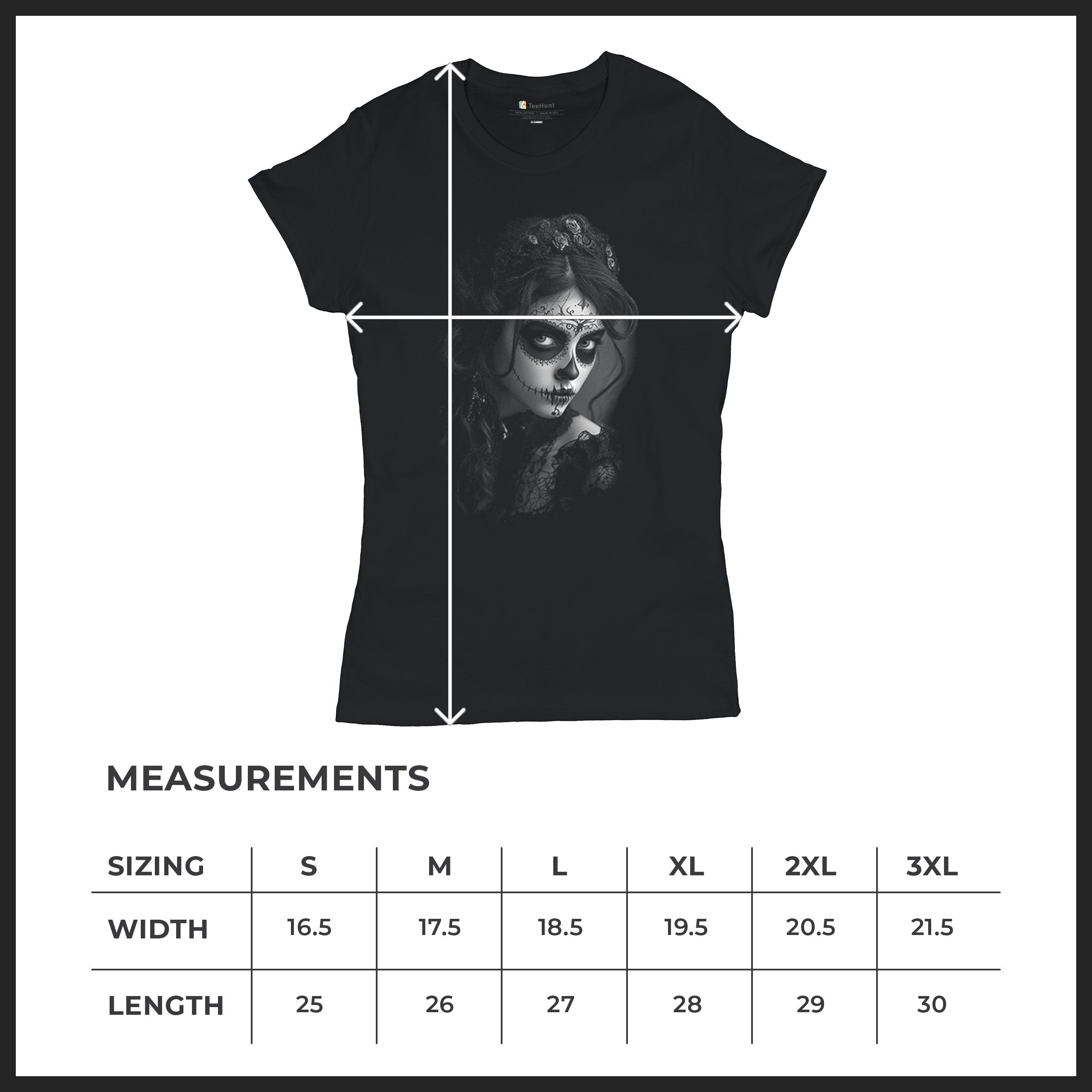 Sugar Skull Lace T-Shirt Black White Day of the Dead Gothic Beauty Women's Tee - Picture 8 of 15