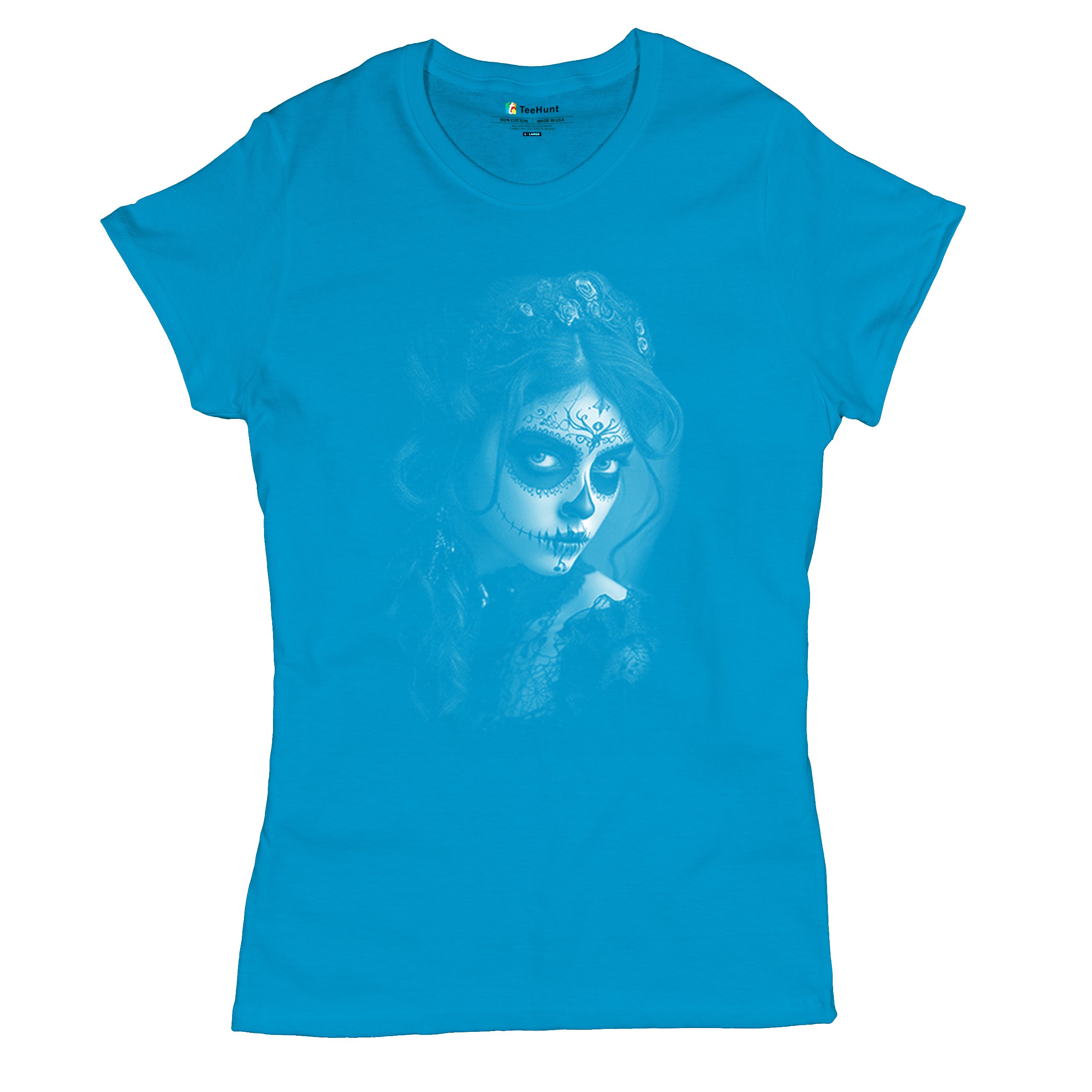 Sugar Skull Lace T-Shirt Black White Day of the Dead Gothic Beauty Women's Tee - Picture 13 of 15