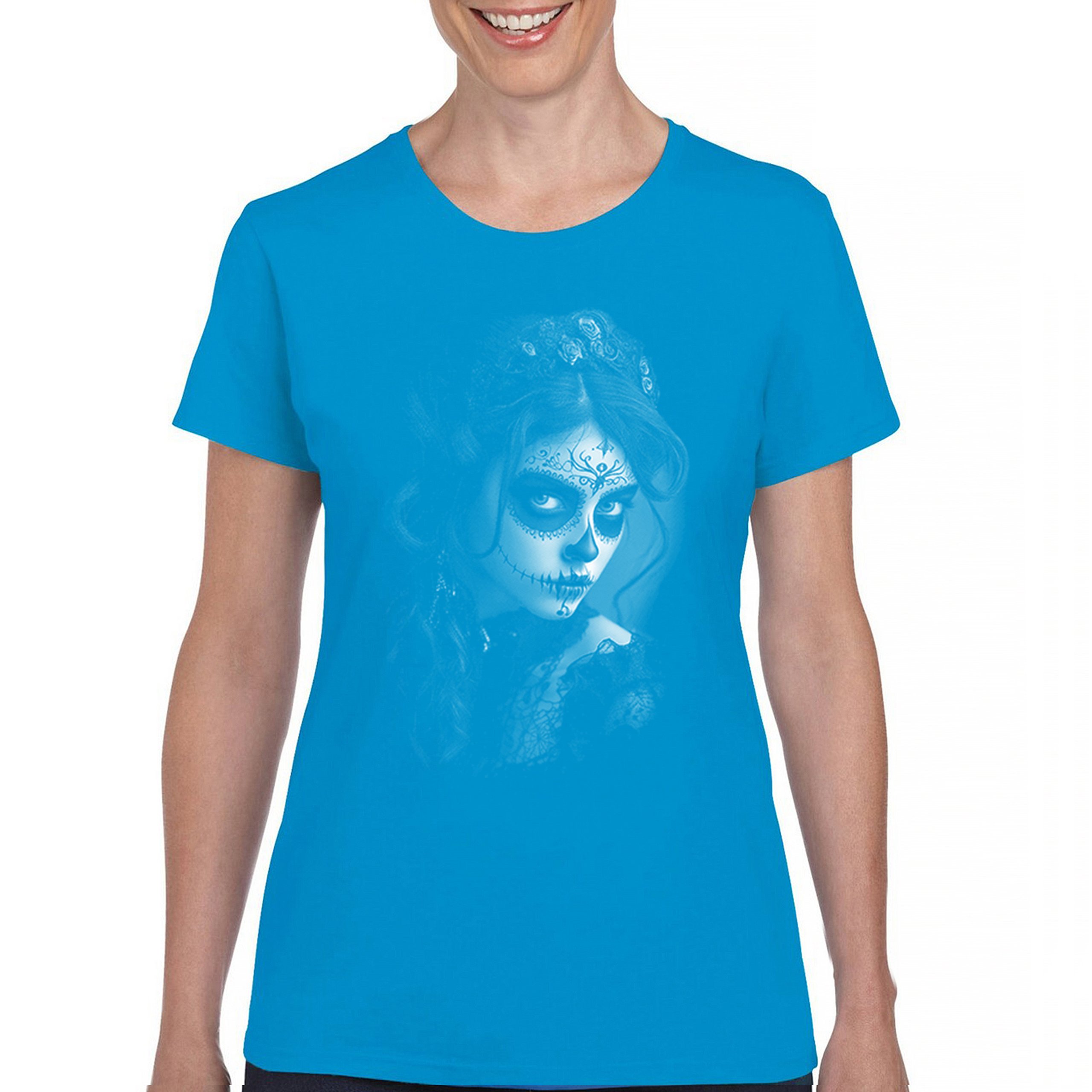 Sugar Skull Lace T-Shirt Black White Day of the Dead Gothic Beauty Women's Tee - Picture 9 of 15