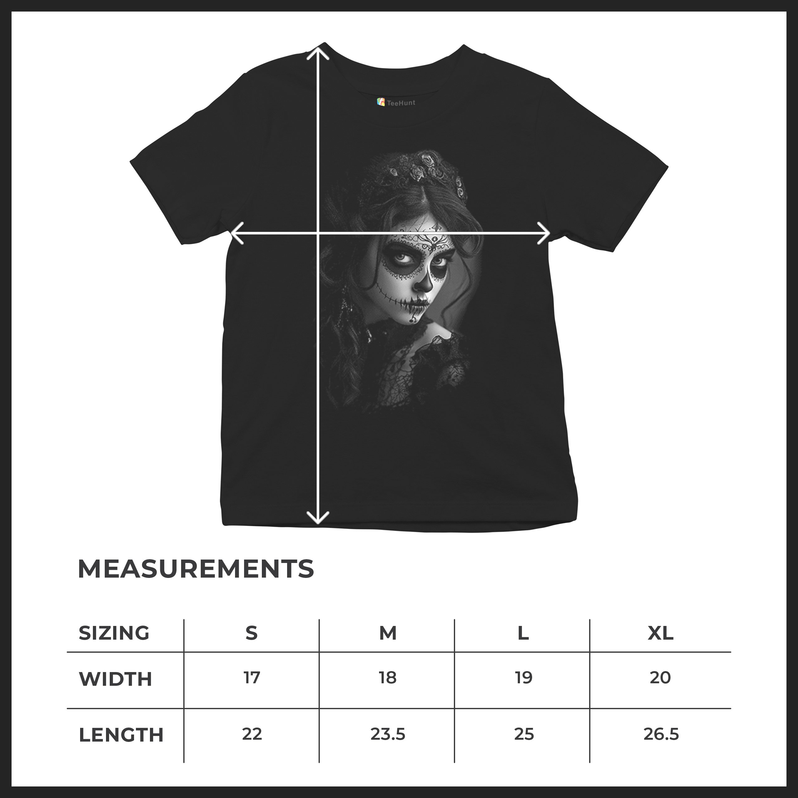 Sugar Skull Lace Youth T-shirt Black White Day of the Dead Gothic Beauty Kids - Picture 8 of 50