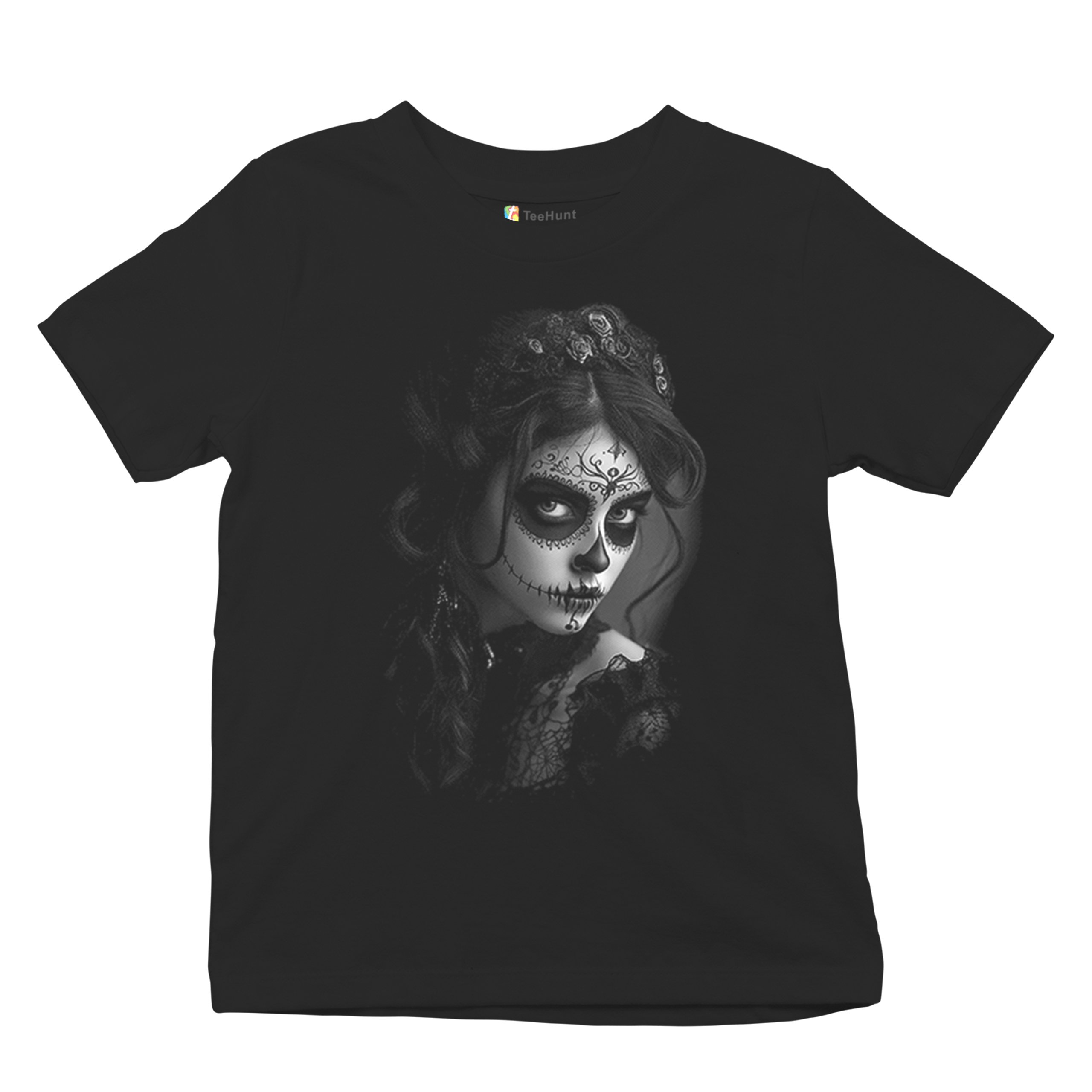 Sugar Skull Lace Youth T-shirt Black White Day of the Dead Gothic Beauty Kids - Picture 6 of 50
