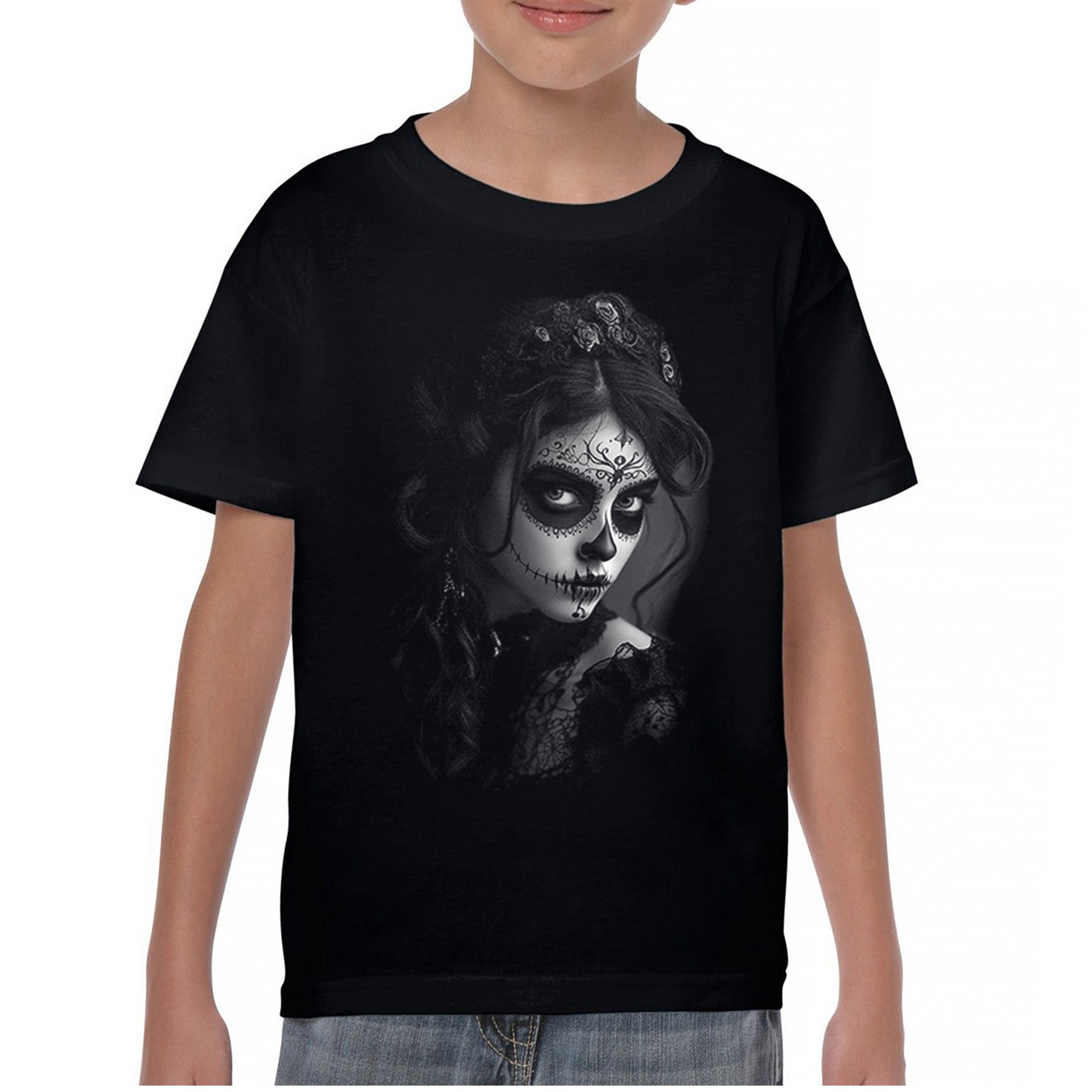 Sugar Skull Lace Youth T-shirt Black White Day of the Dead Gothic Beauty Kids - Picture 2 of 50