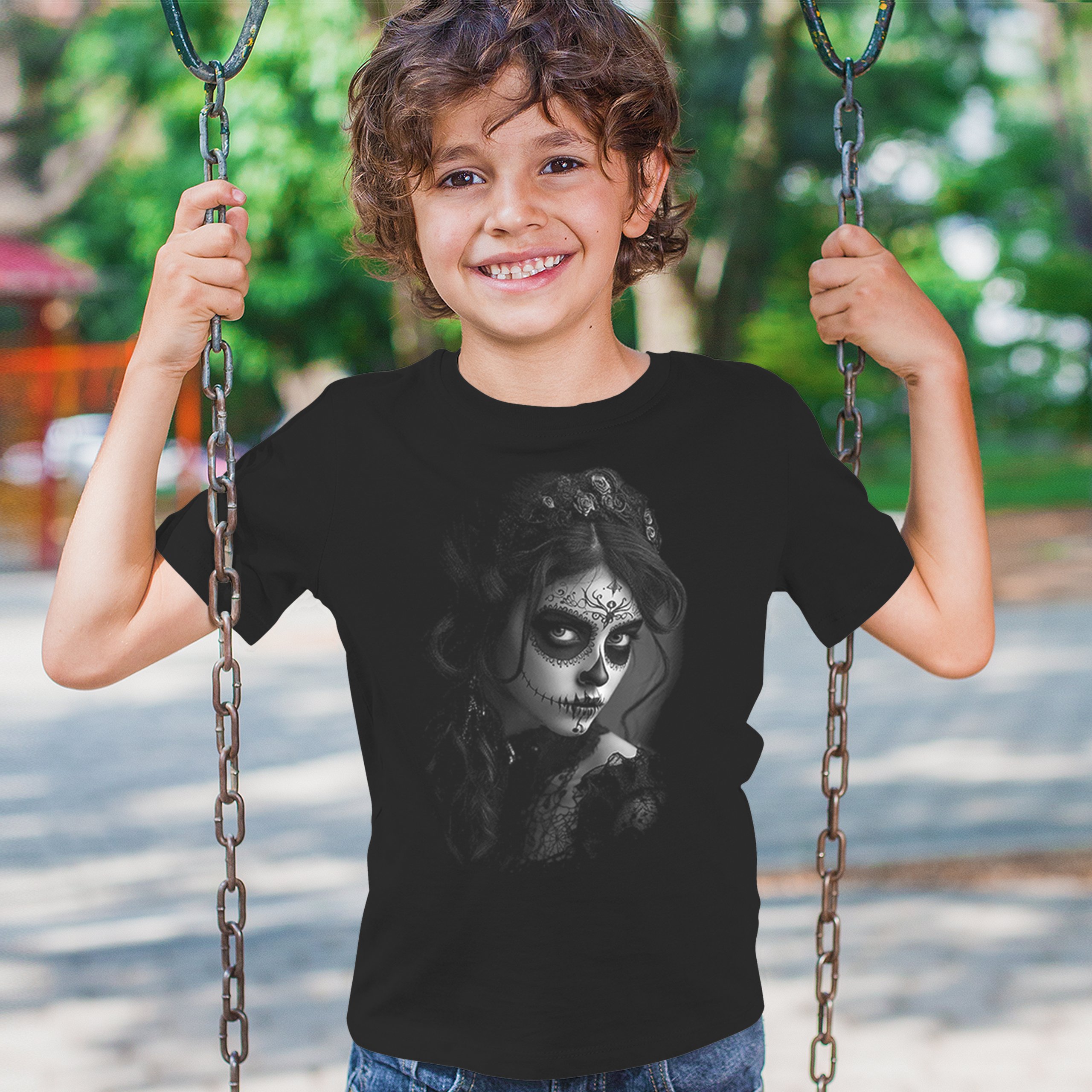 Sugar Skull Lace Youth T-shirt Black White Day of the Dead Gothic Beauty Kids - Picture 5 of 50