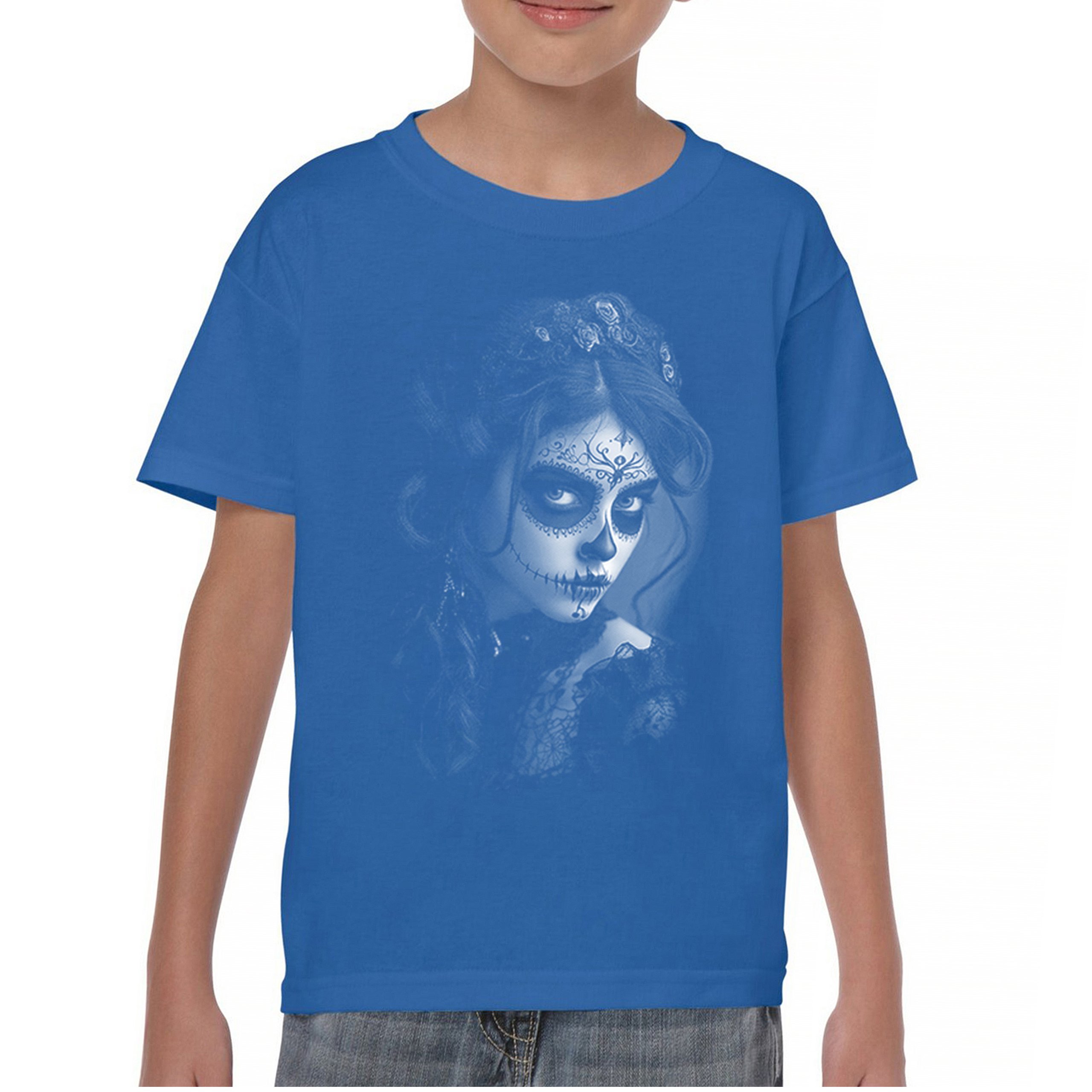 Sugar Skull Lace Youth T-shirt Black White Day of the Dead Gothic Beauty Kids - Picture 37 of 50