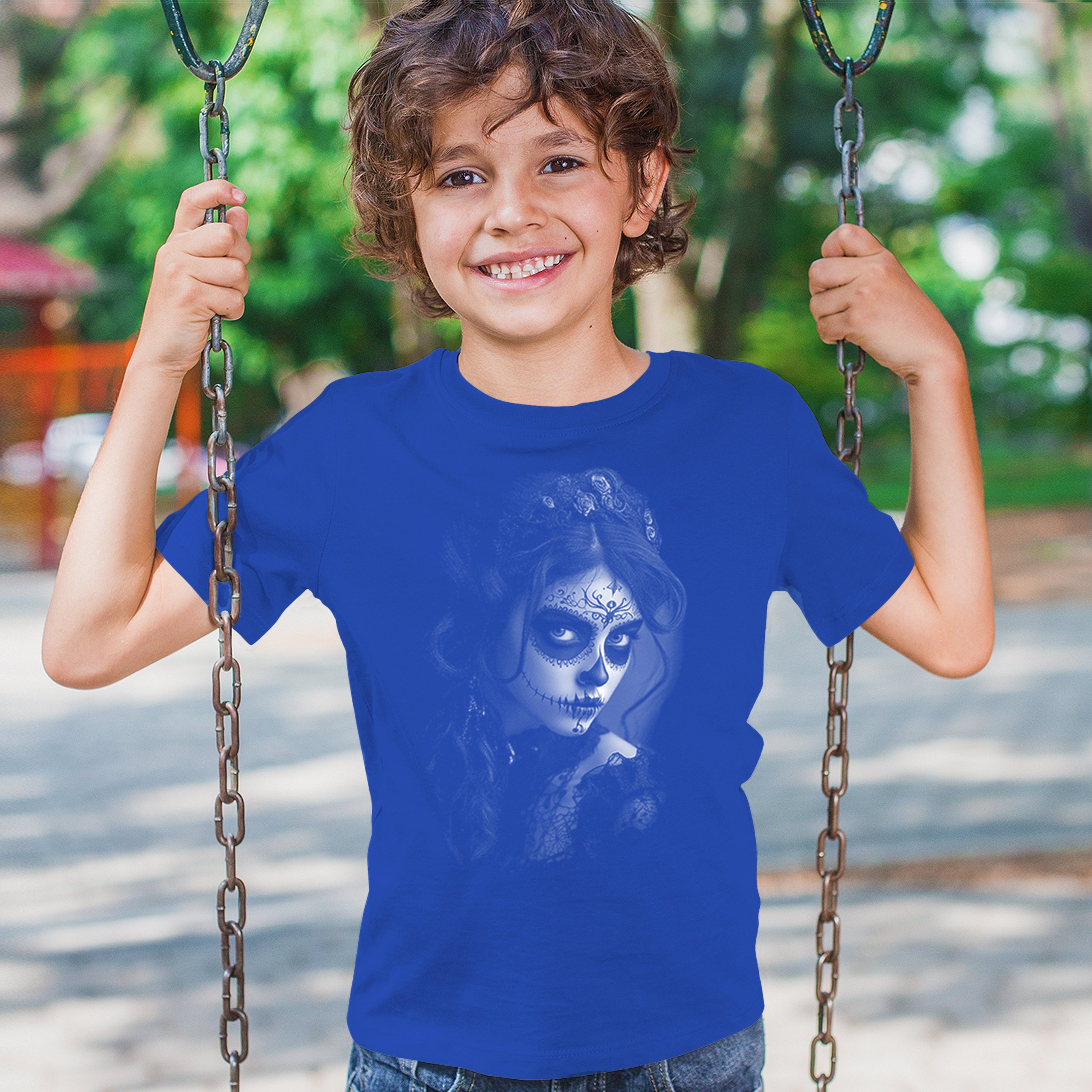 Sugar Skull Lace Youth T-shirt Black White Day of the Dead Gothic Beauty Kids - Picture 40 of 50