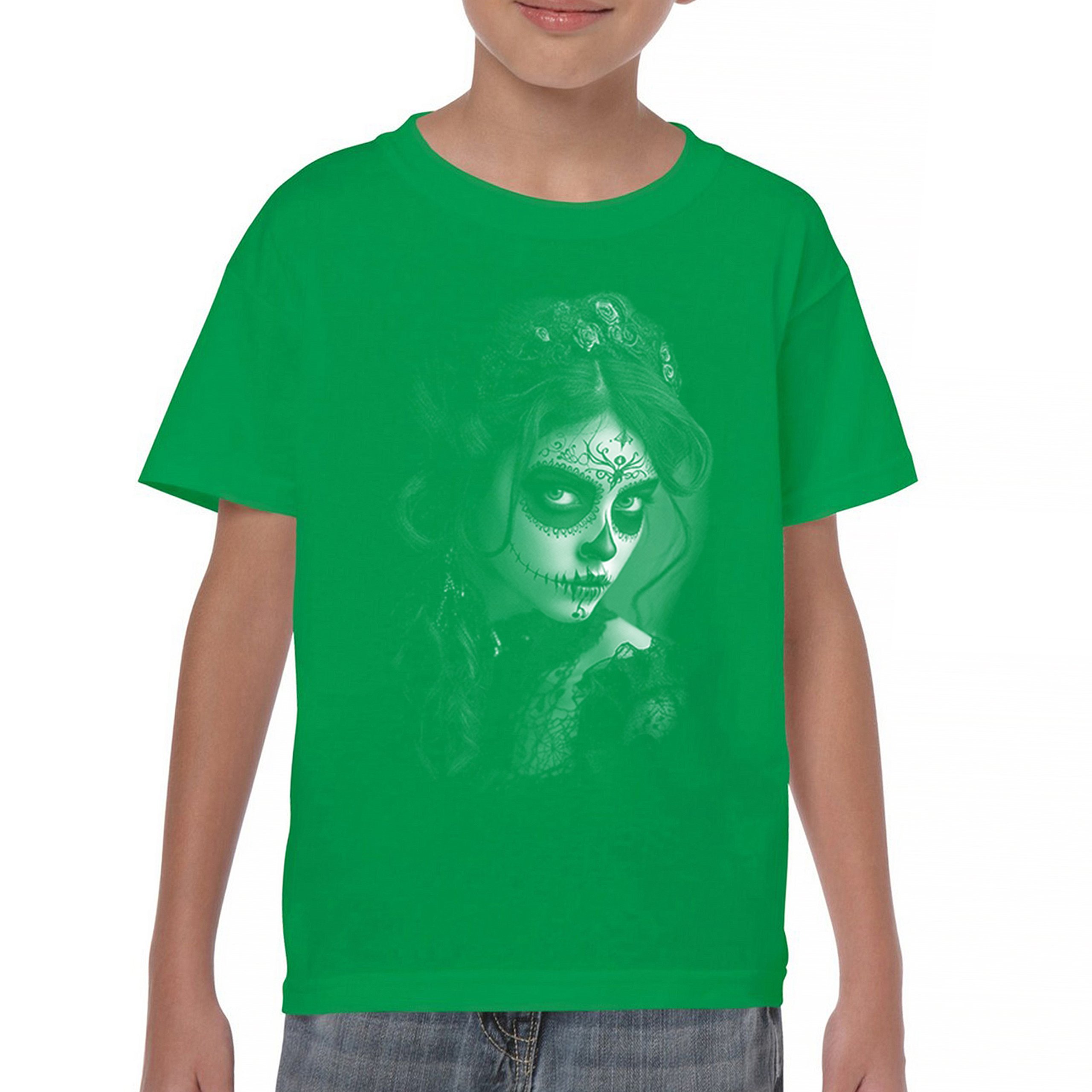 Sugar Skull Lace Youth T-shirt Black White Day of the Dead Gothic Beauty Kids - Picture 30 of 50