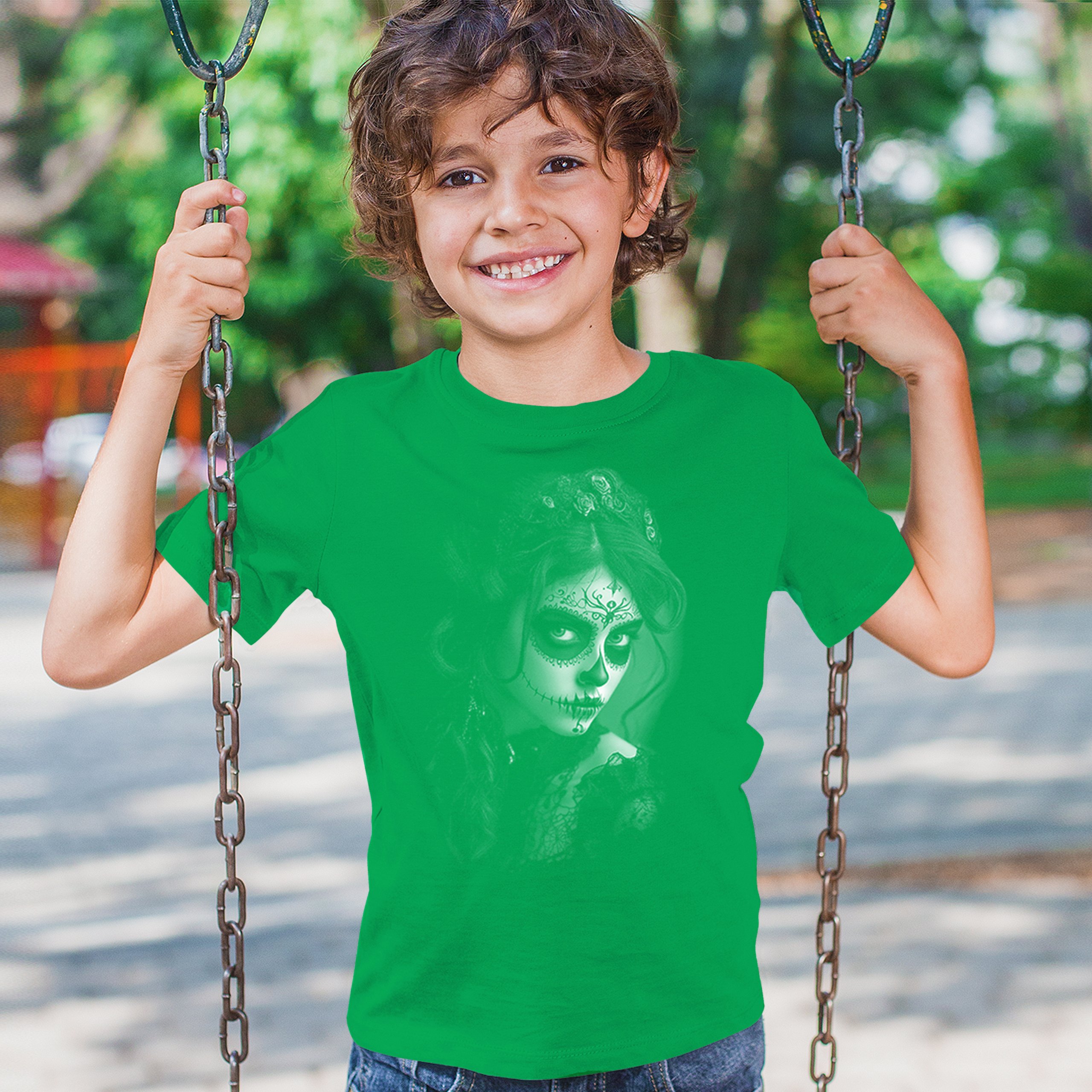 Sugar Skull Lace Youth T-shirt Black White Day of the Dead Gothic Beauty Kids - Picture 33 of 50