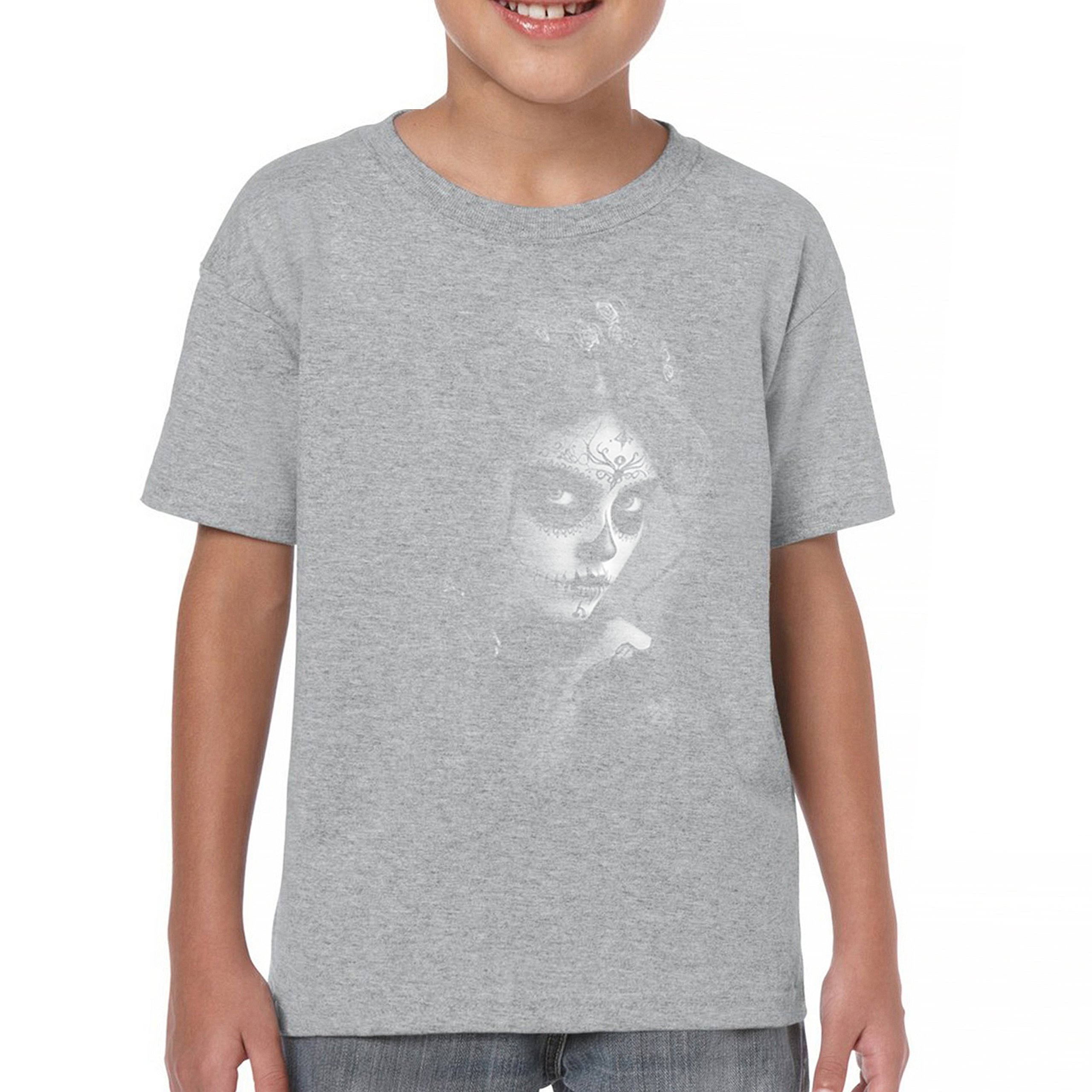 Sugar Skull Lace Youth T-shirt Black White Day of the Dead Gothic Beauty Kids - Picture 9 of 50