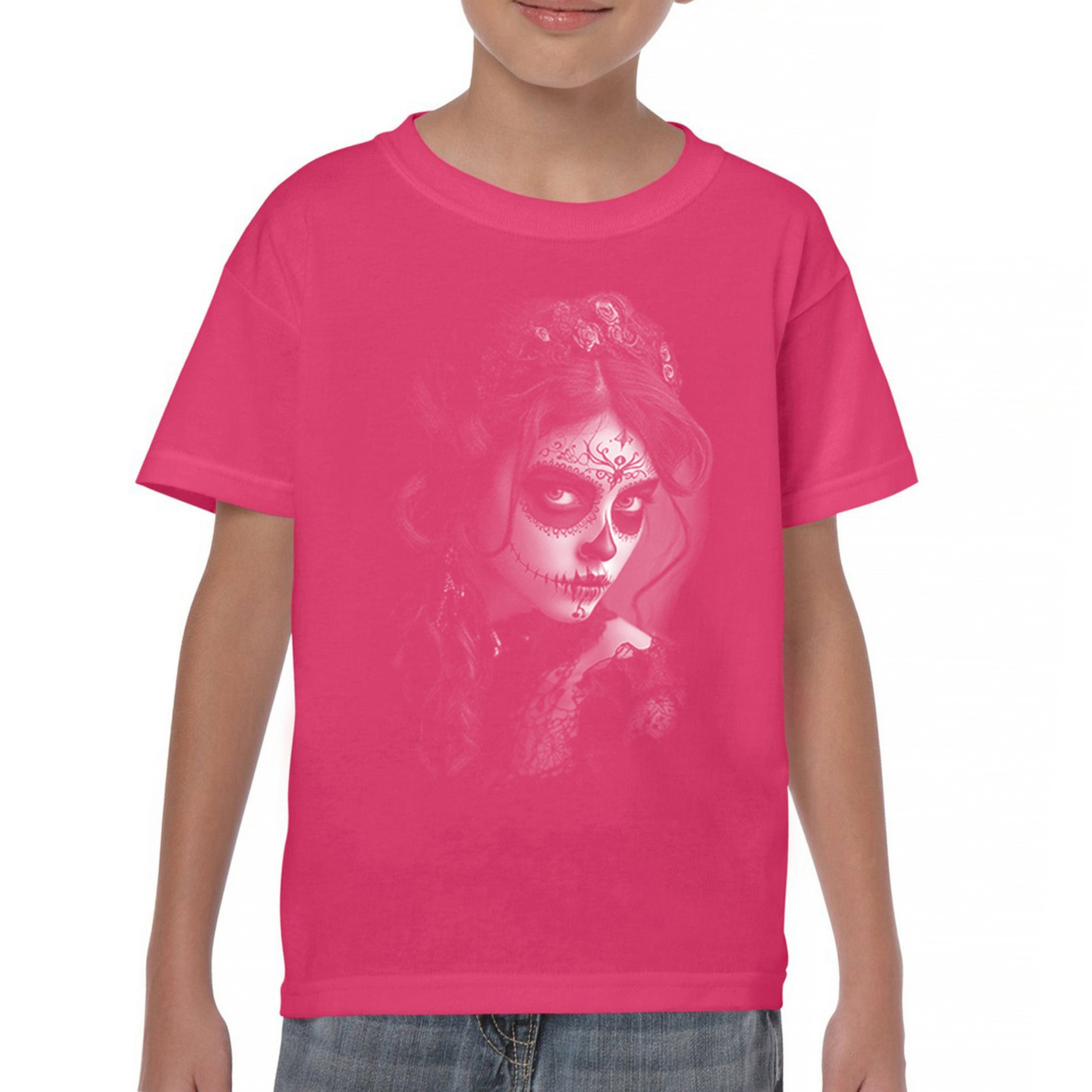 Sugar Skull Lace Youth T-shirt Black White Day of the Dead Gothic Beauty Kids - Picture 44 of 50