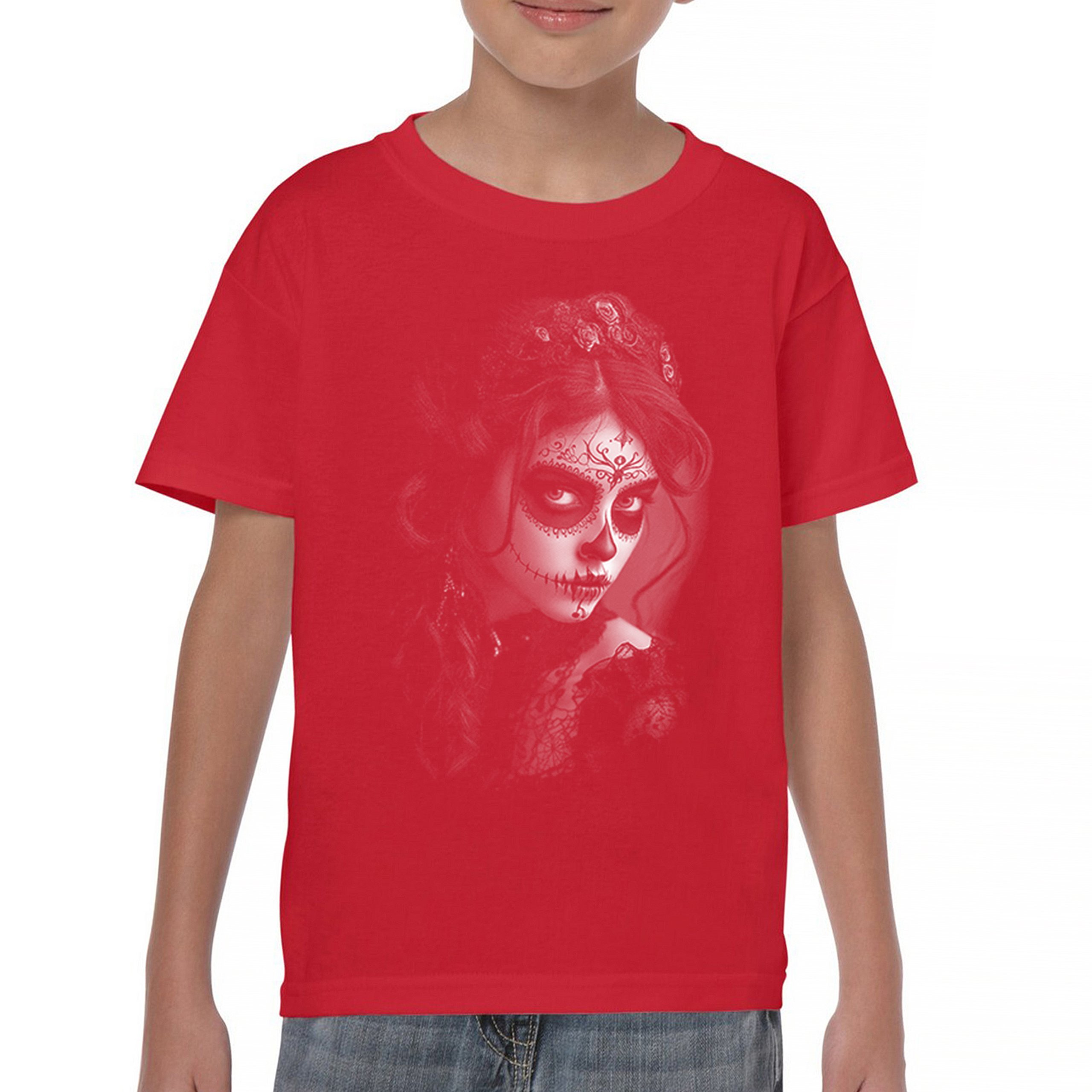 Sugar Skull Lace Youth T-shirt Black White Day of the Dead Gothic Beauty Kids - Picture 16 of 50
