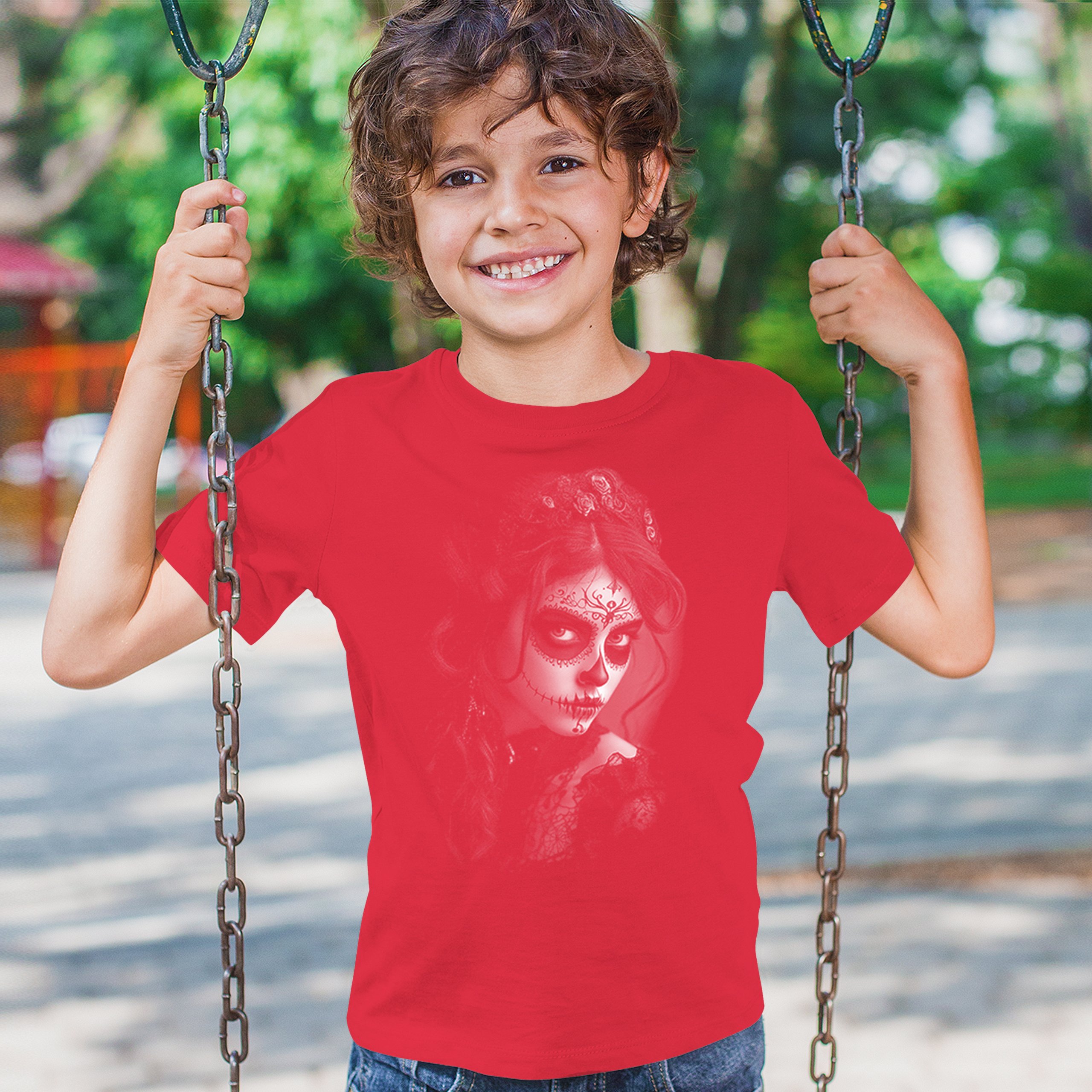 Sugar Skull Lace Youth T-shirt Black White Day of the Dead Gothic Beauty Kids - Picture 19 of 50