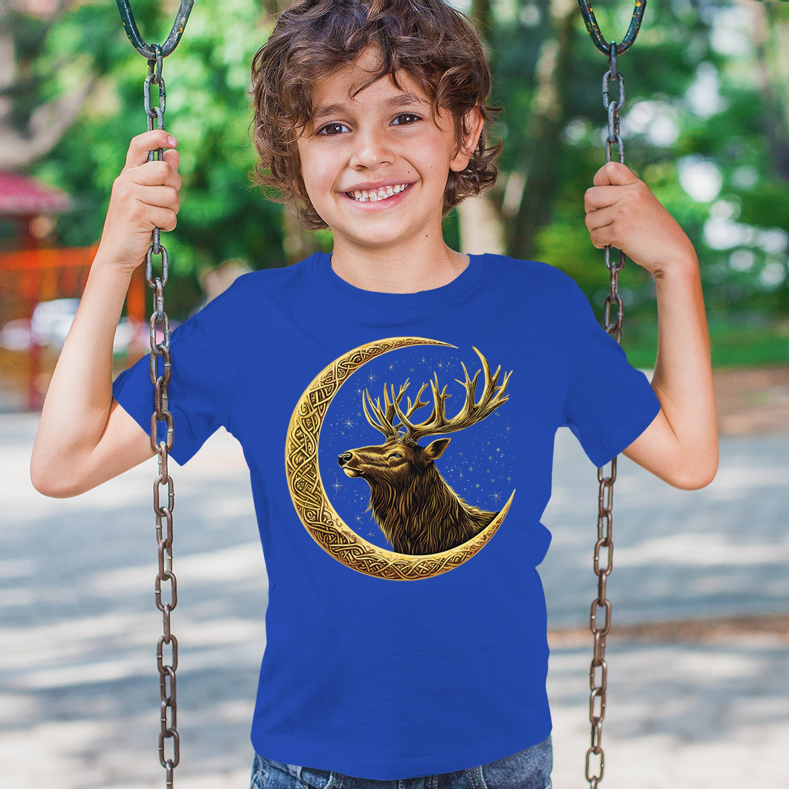 Celtic Moon Elk Youth T-shirt North Mystic Nature Spiritual Nordic Buck Kids - Picture 40 of 50