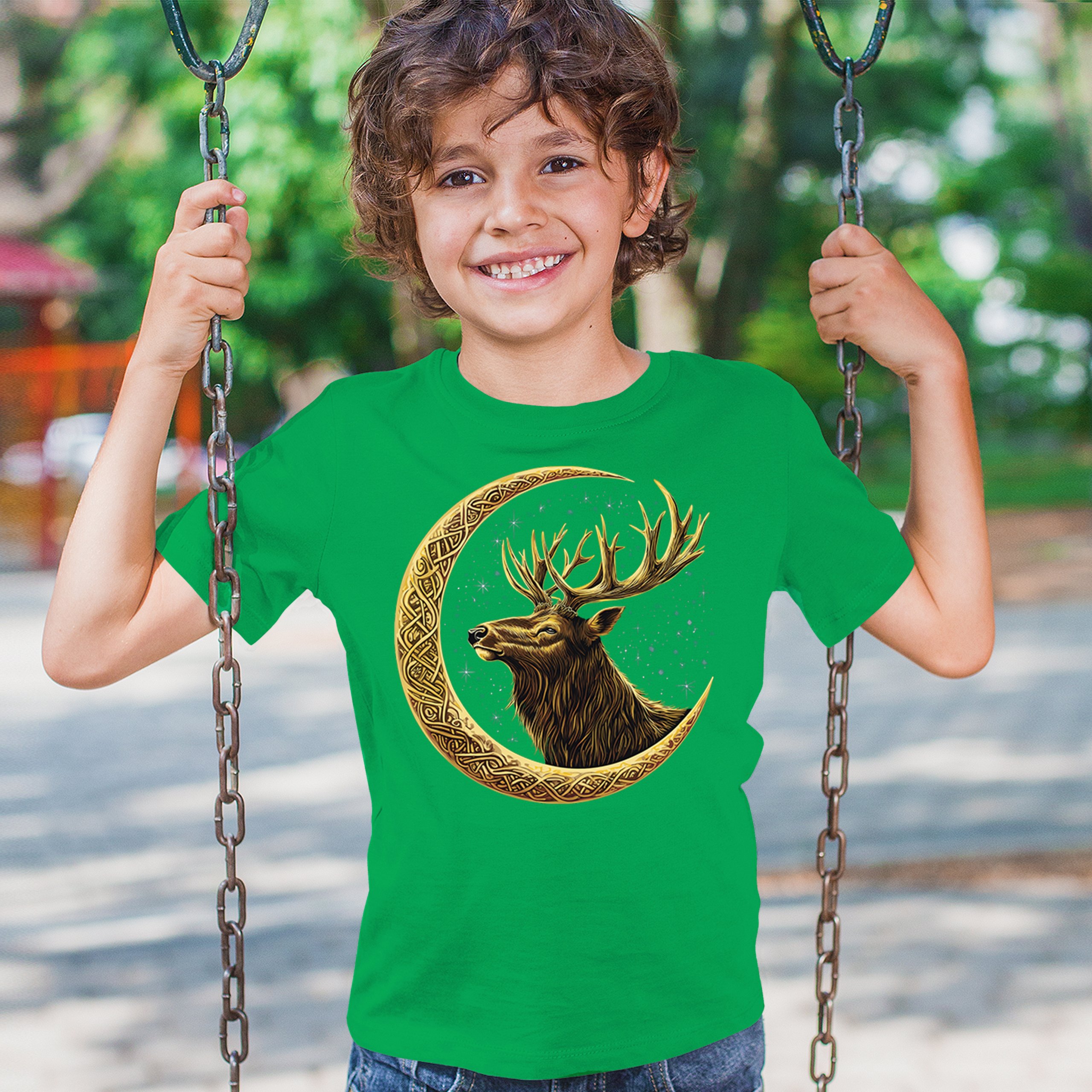 Celtic Moon Elk Youth T-shirt North Mystic Nature Spiritual Nordic Buck Kids - Picture 33 of 50