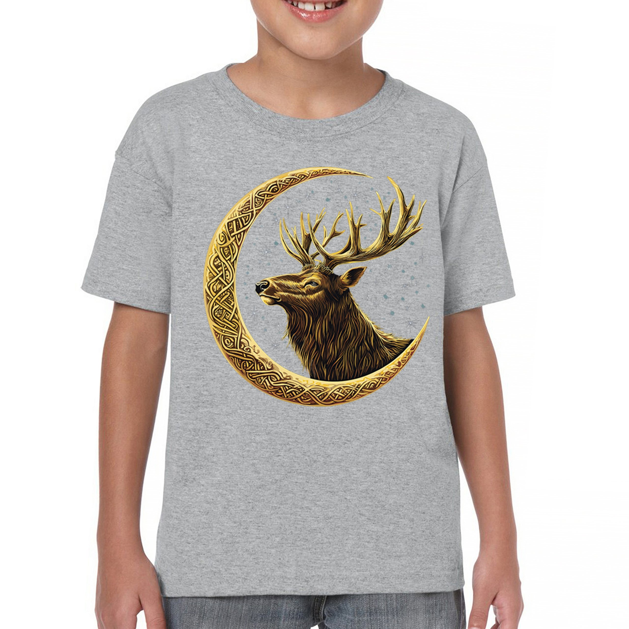 Celtic Moon Elk Youth T-shirt North Mystic Nature Spiritual Nordic Buck Kids - Picture 9 of 50