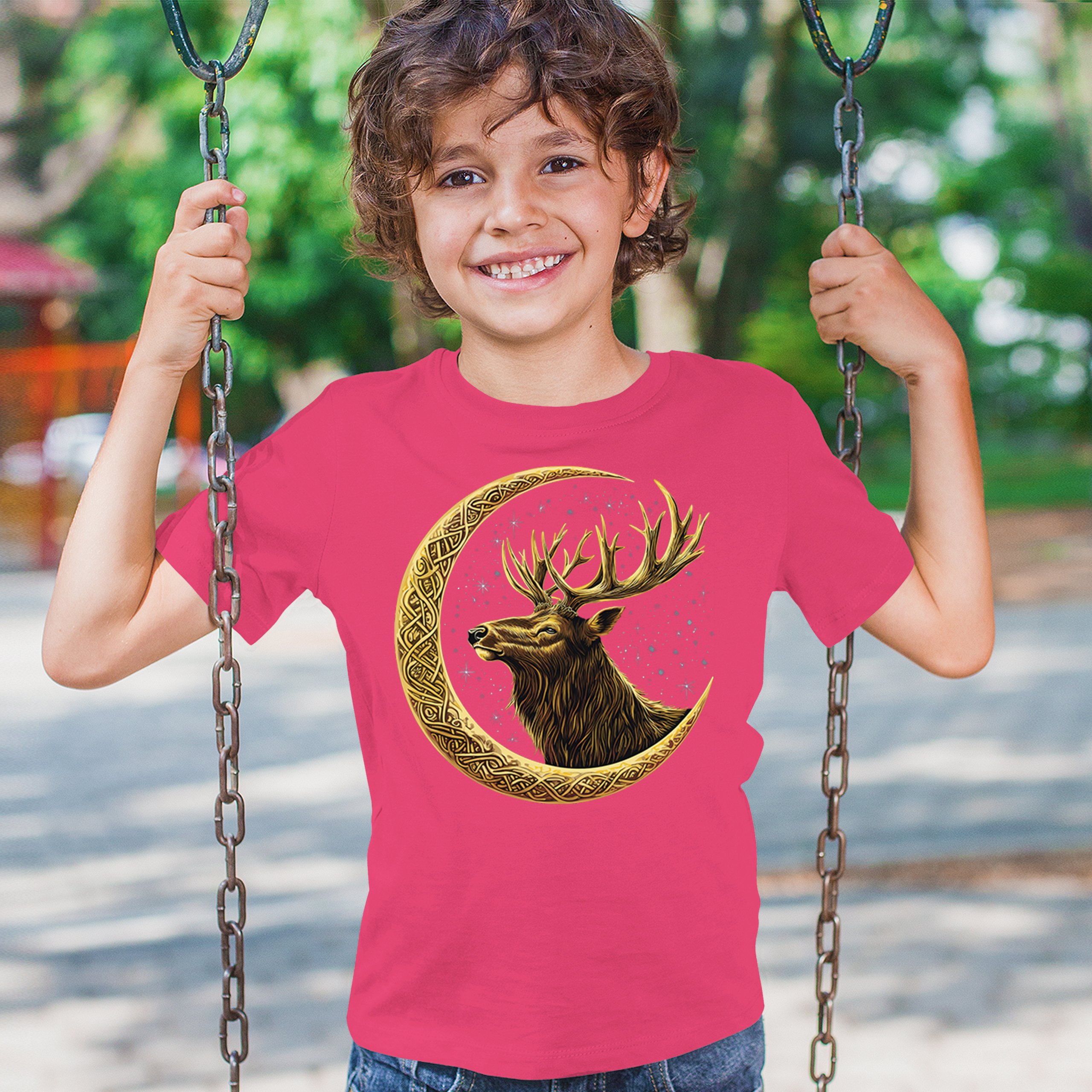 Celtic Moon Elk Youth T-shirt North Mystic Nature Spiritual Nordic Buck Kids - Picture 47 of 50