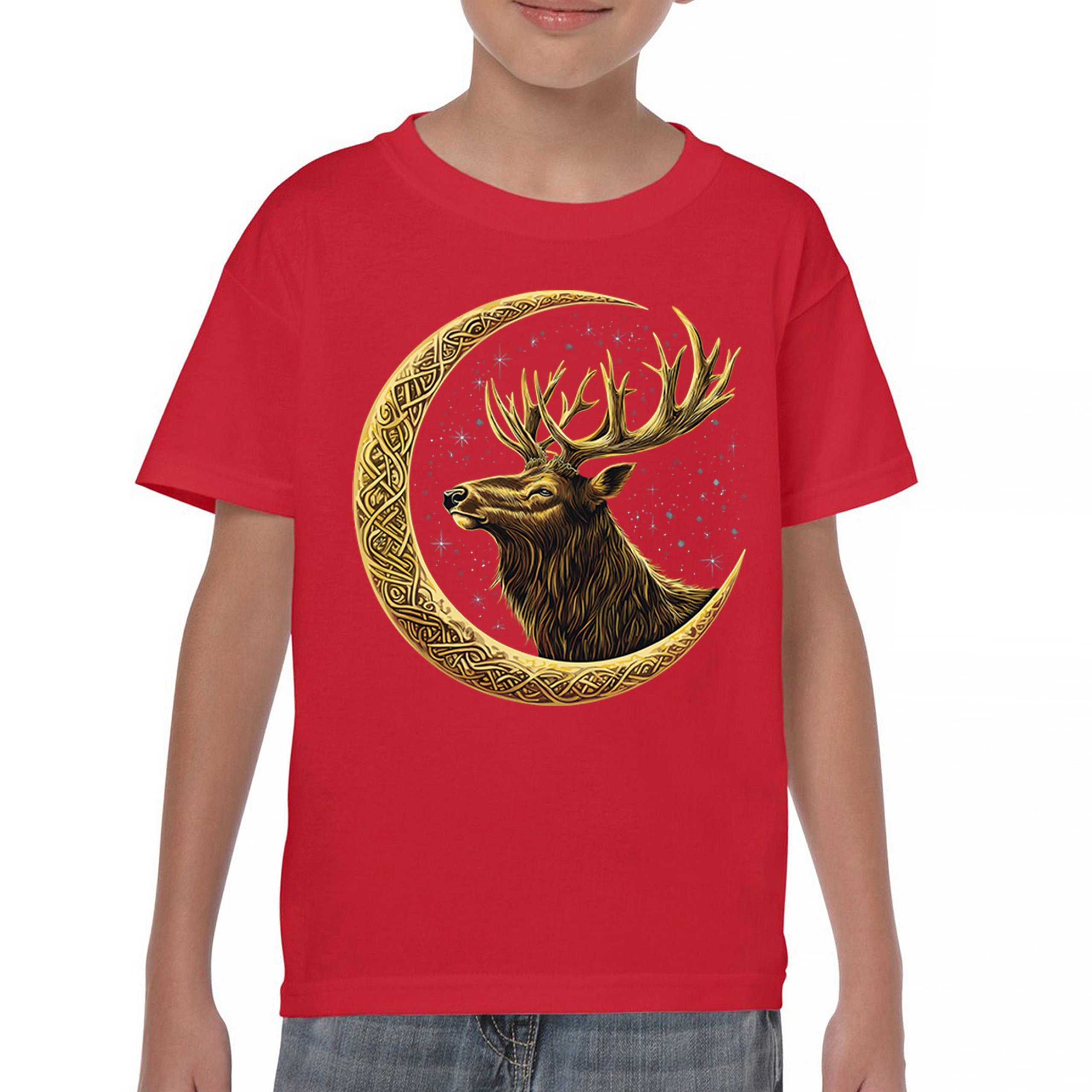 Celtic Moon Elk Youth T-shirt North Mystic Nature Spiritual Nordic Buck Kids - Picture 16 of 50