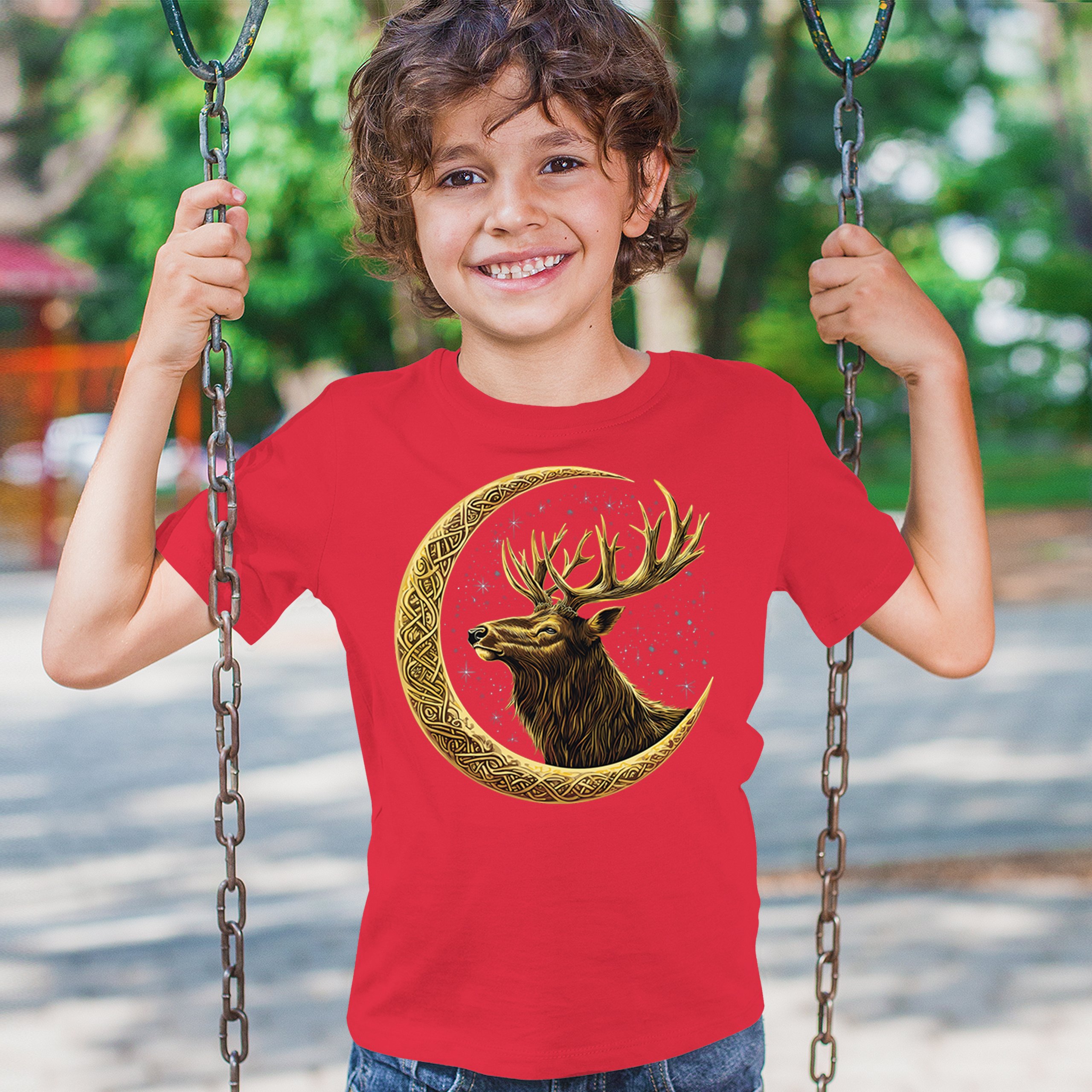 Celtic Moon Elk Youth T-shirt North Mystic Nature Spiritual Nordic Buck Kids - Picture 19 of 50