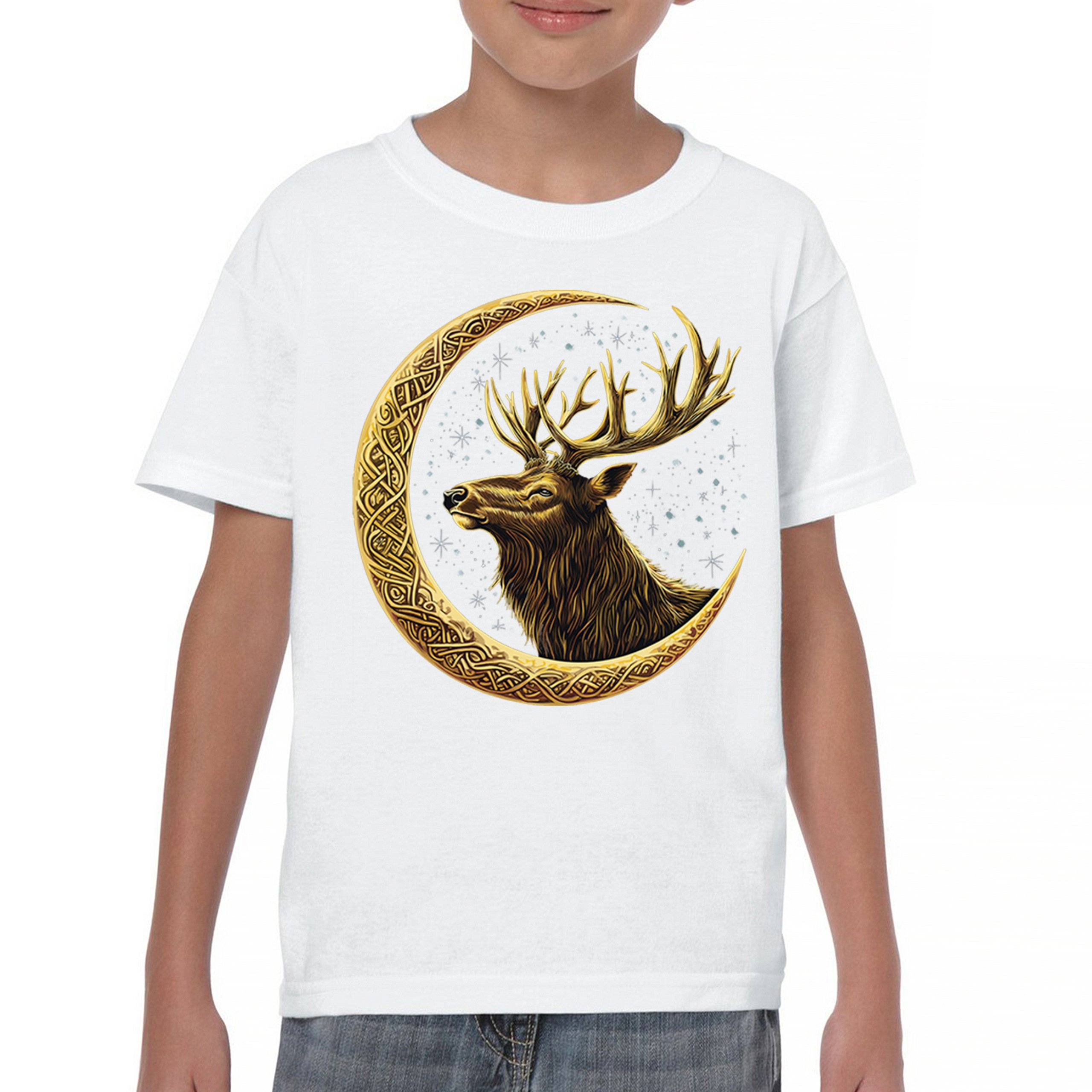 Celtic Moon Elk Youth T-shirt North Mystic Nature Spiritual Nordic Buck Kids - Picture 23 of 50