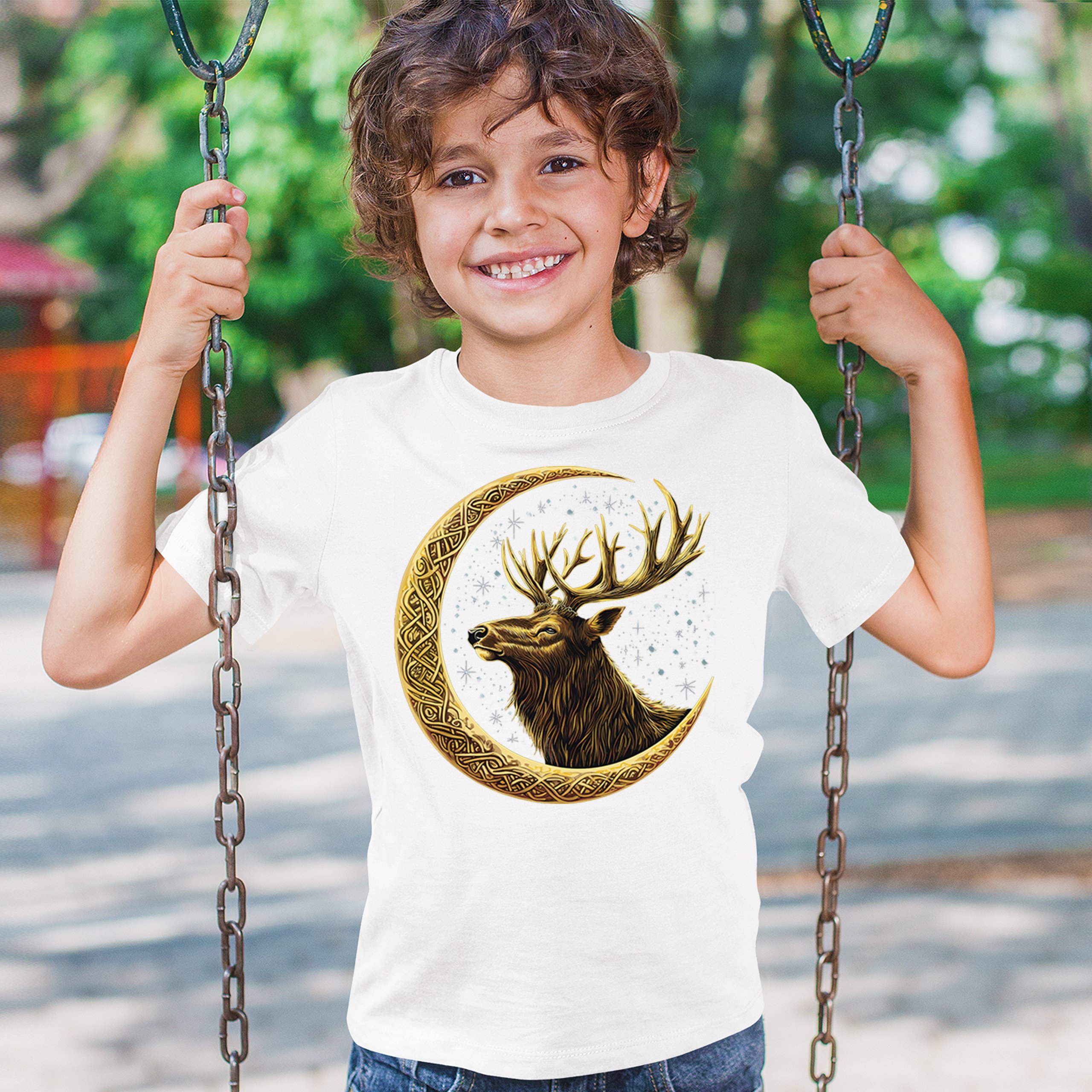 Celtic Moon Elk Youth T-shirt North Mystic Nature Spiritual Nordic Buck Kids - Picture 26 of 50