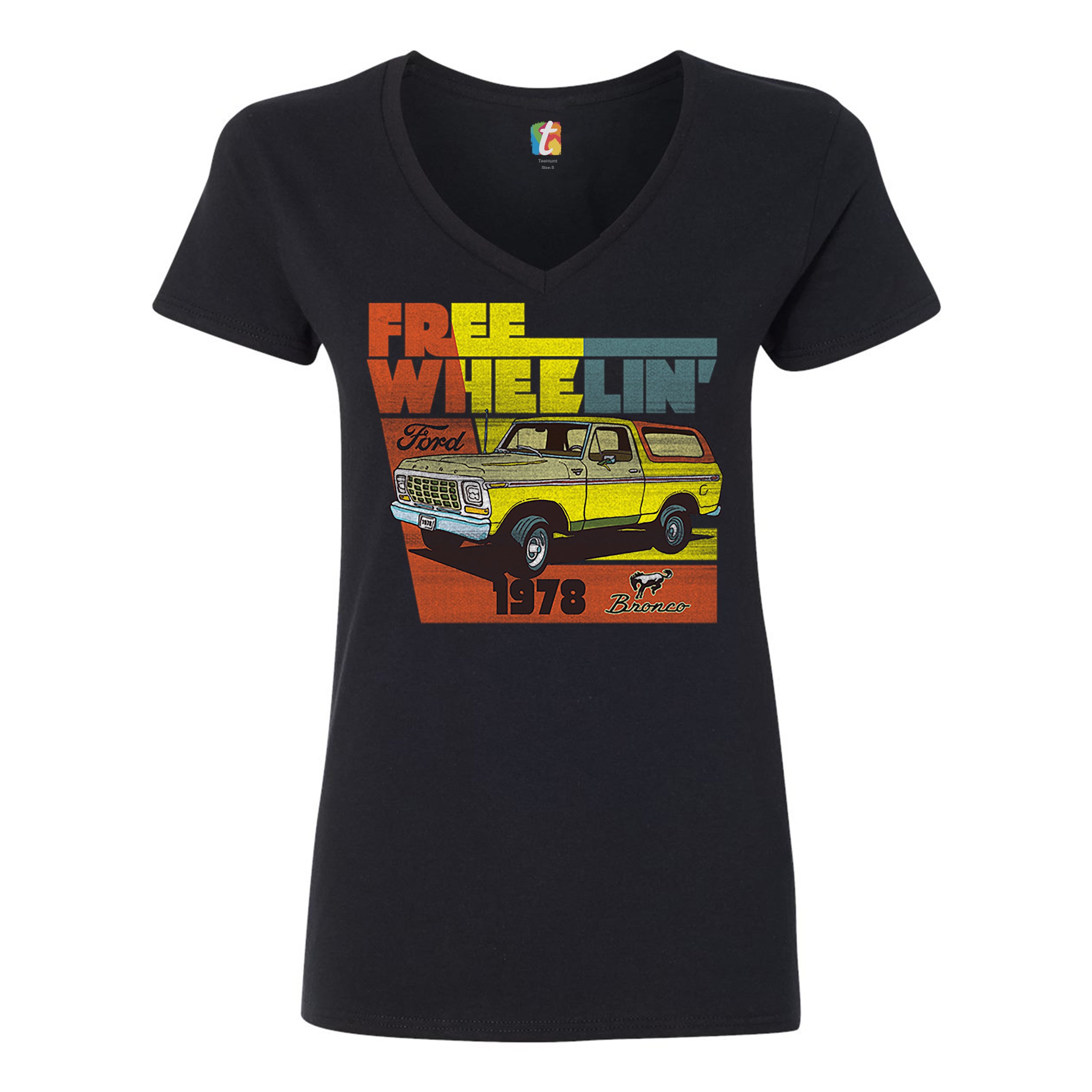 Ford Bronco 1978 Women's V-Neck T-shirt Free Wheelin' Truck SUV Licensed Tee