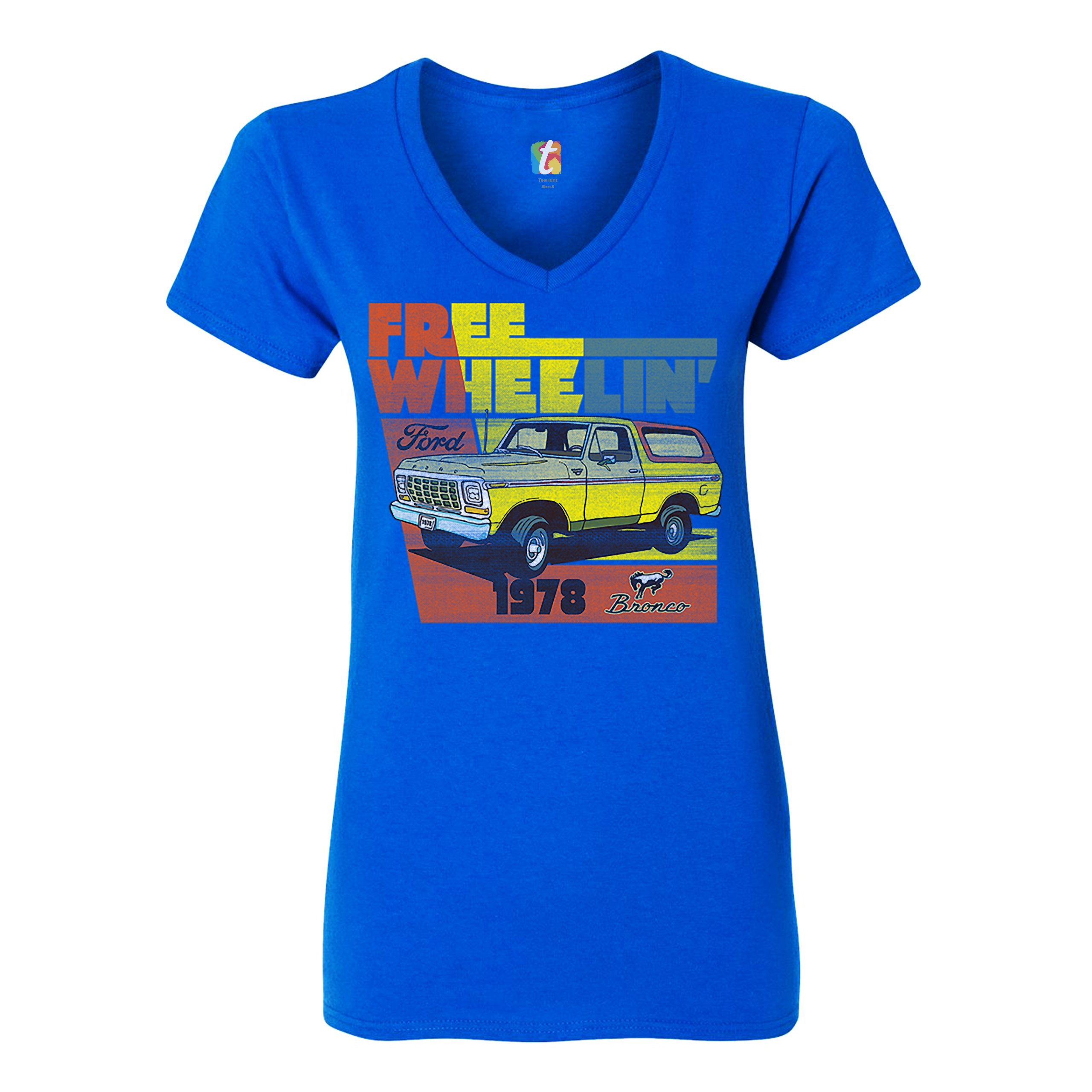 Ford Bronco 1978 Women's V-Neck T-shirt Free Wheelin' Truck SUV Licensed Tee