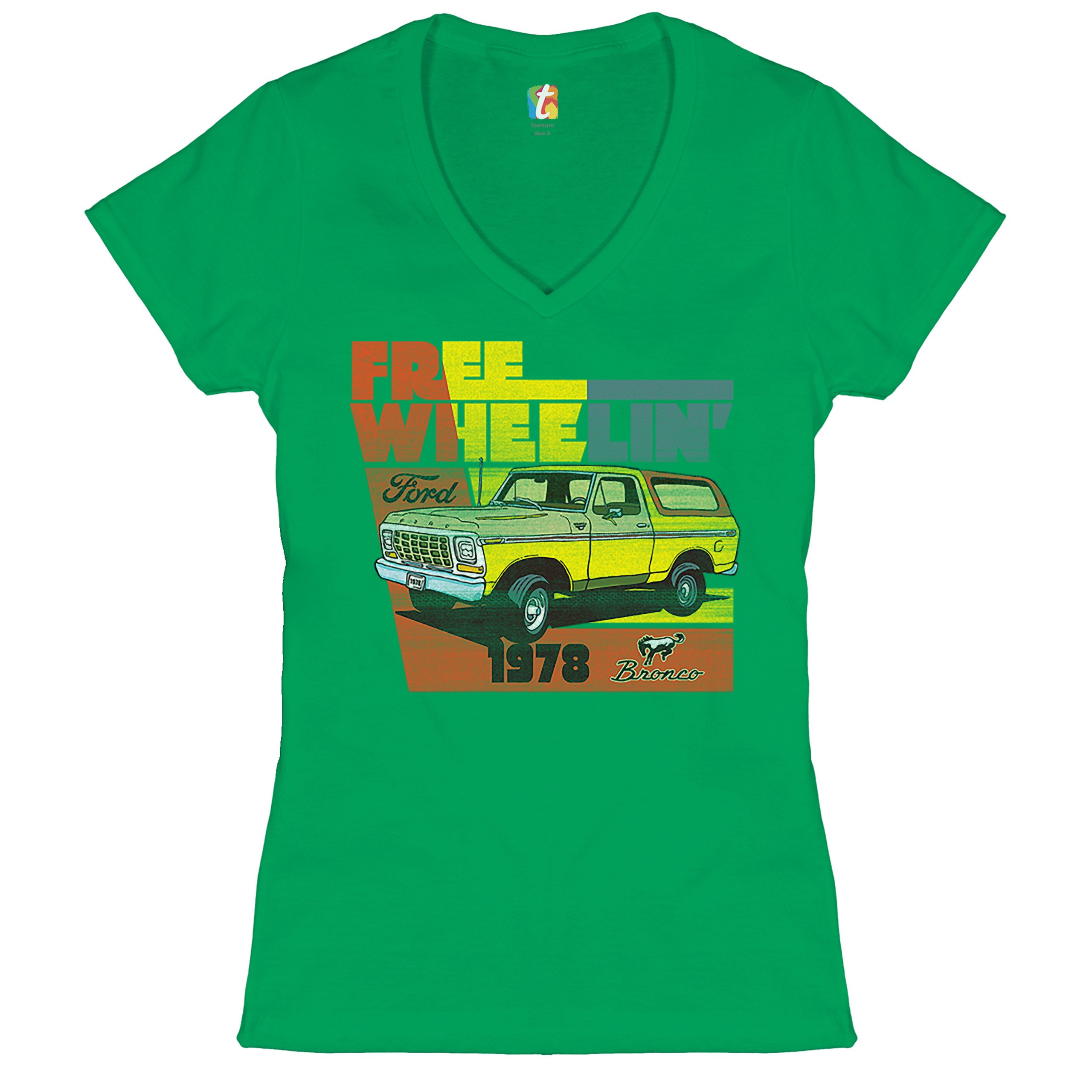 Ford Bronco 1978 Women's V-Neck T-shirt Free Wheelin' Truck SUV Licensed Tee