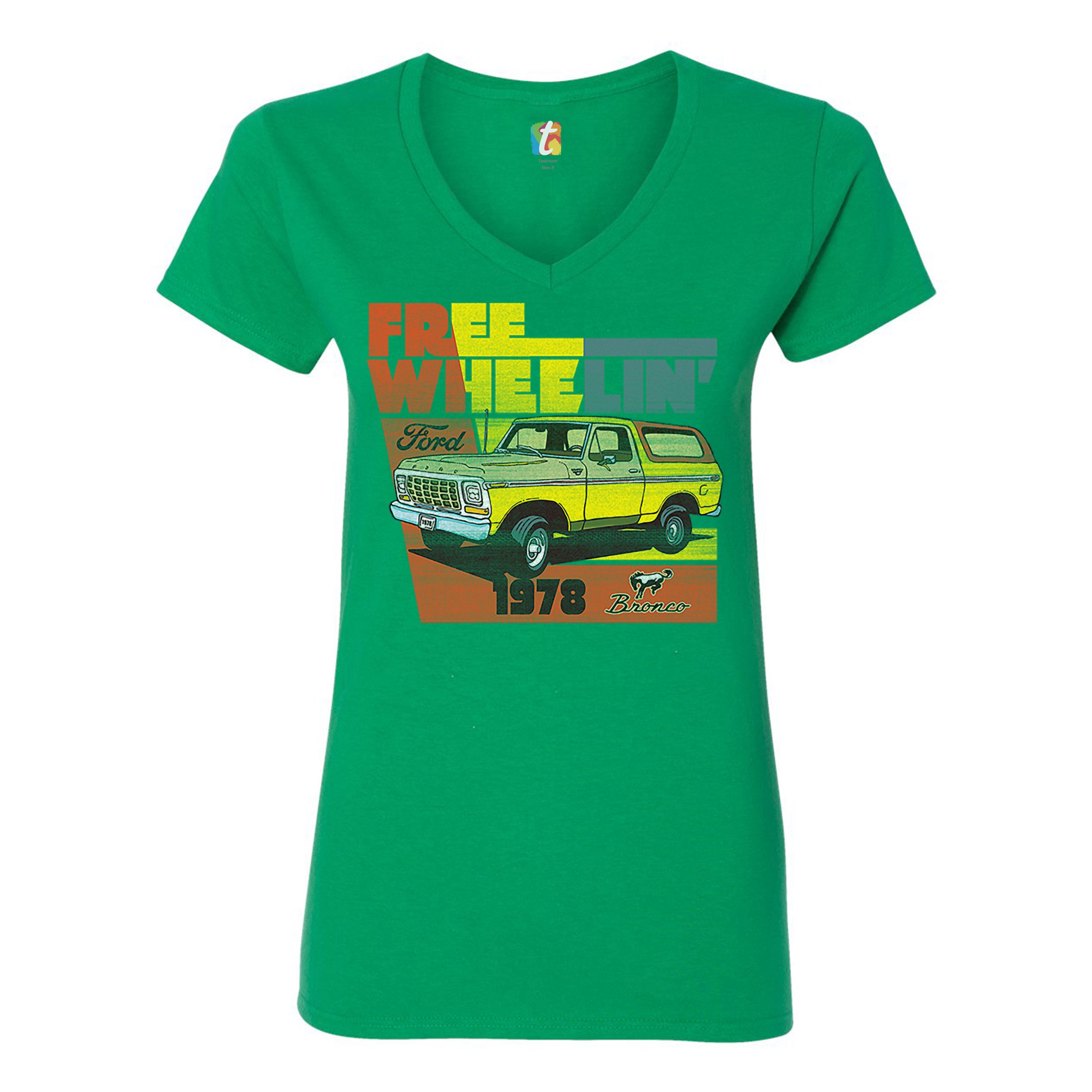 Ford Bronco 1978 Women's V-Neck T-shirt Free Wheelin' Truck SUV Licensed Tee