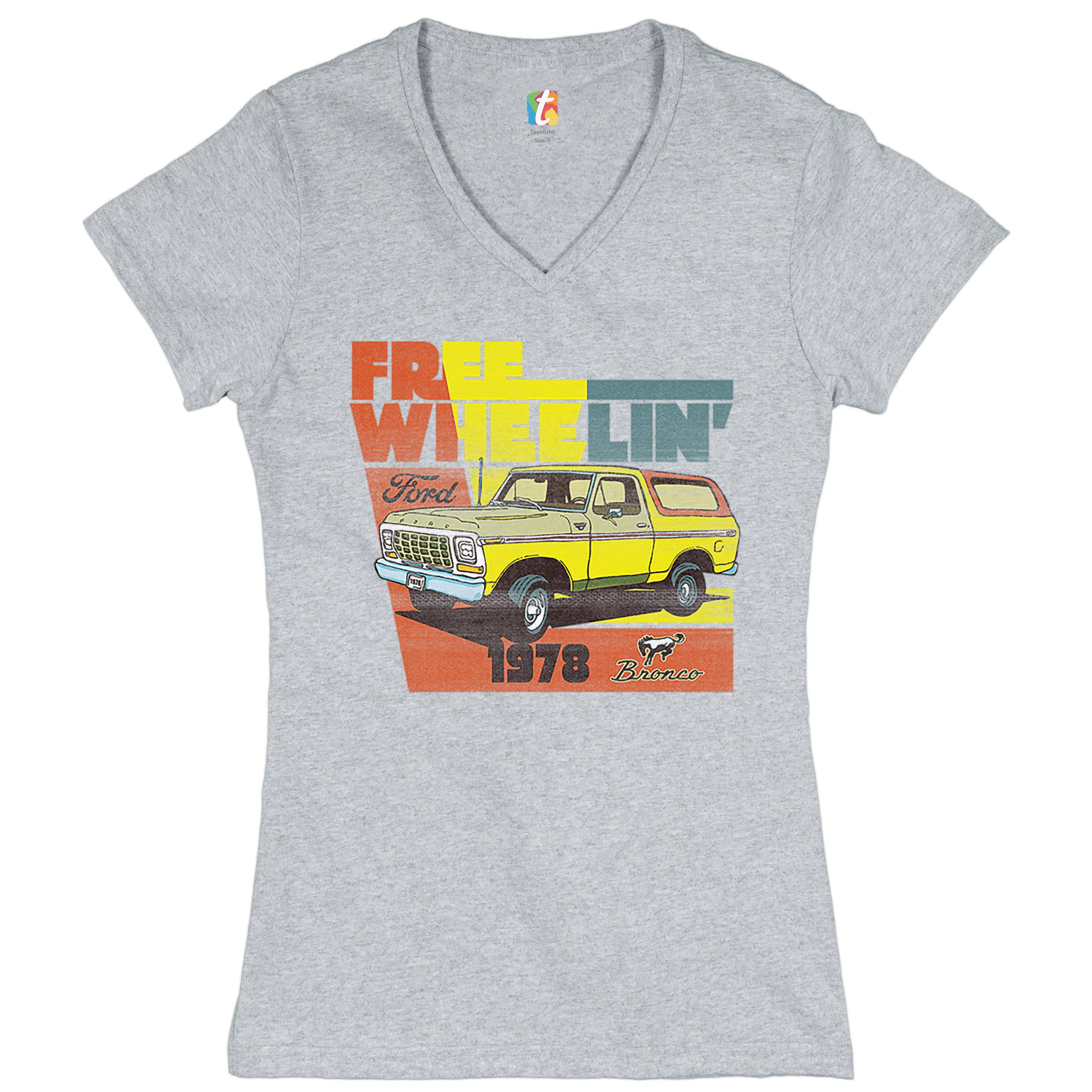 Ford Bronco 1978 Women's V-Neck T-shirt Free Wheelin' Truck SUV Licensed Tee