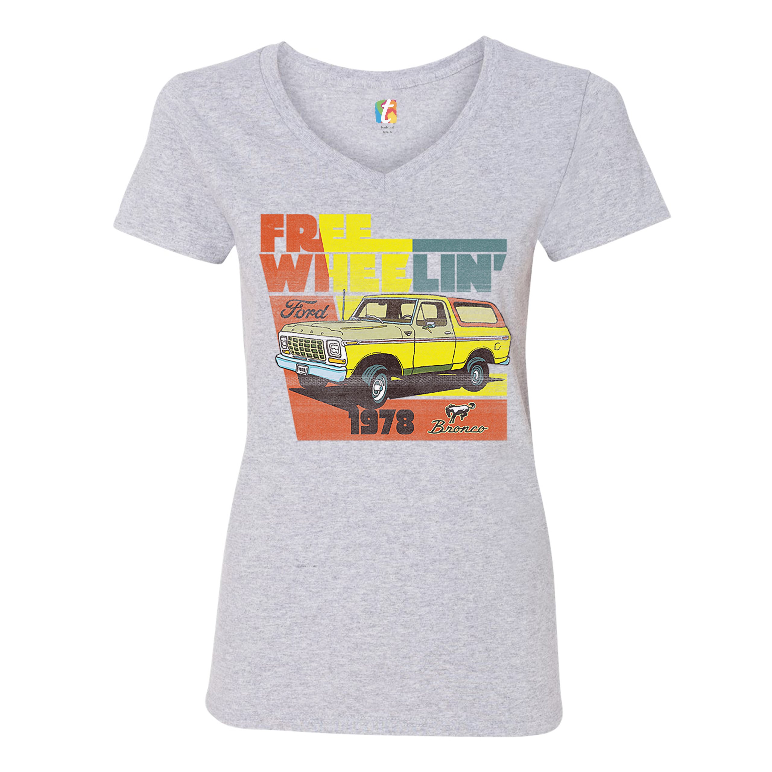 Ford Bronco 1978 Women's V-Neck T-shirt Free Wheelin' Truck SUV Licensed Tee