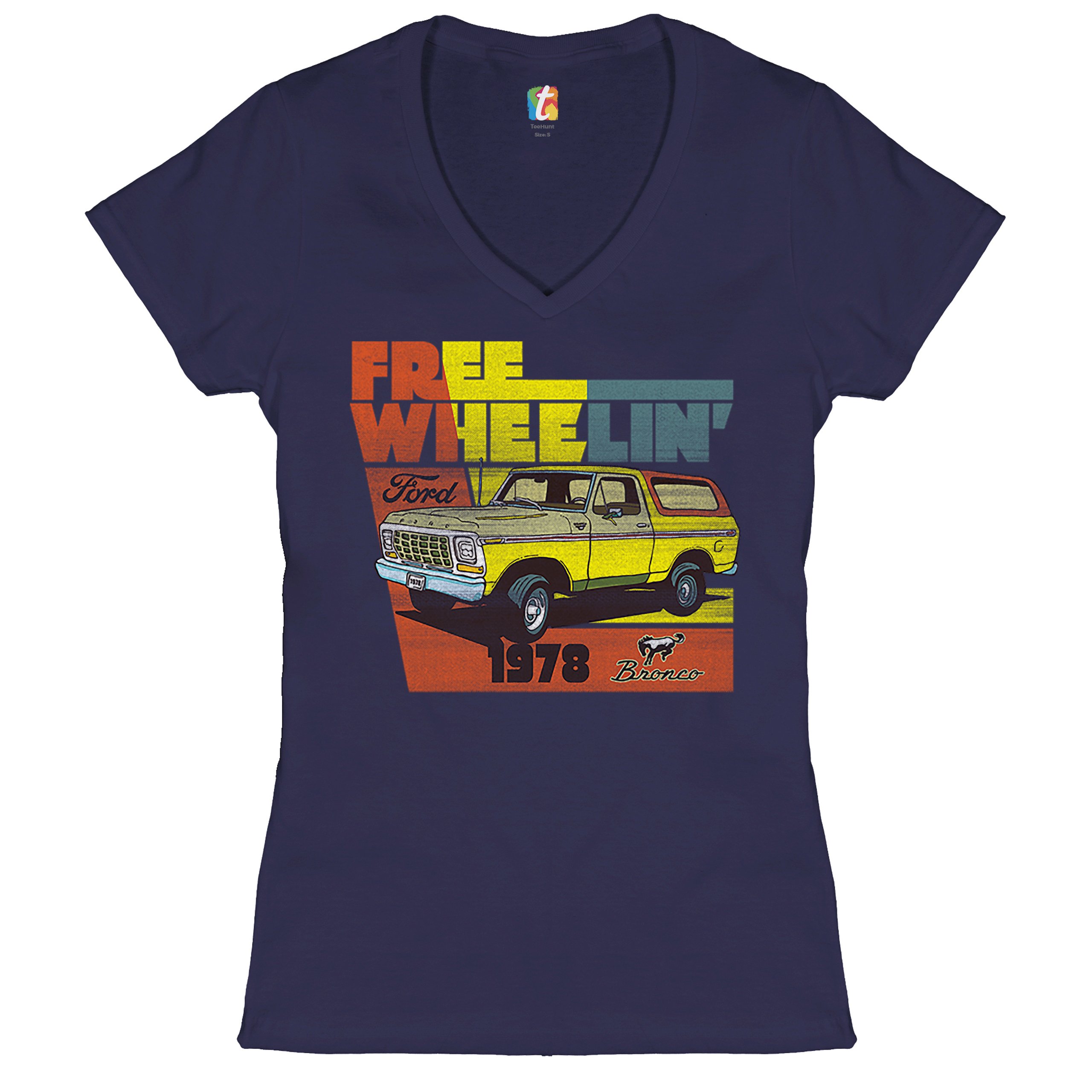 Ford Bronco 1978 Women's V-Neck T-shirt Free Wheelin' Truck SUV Licensed Tee