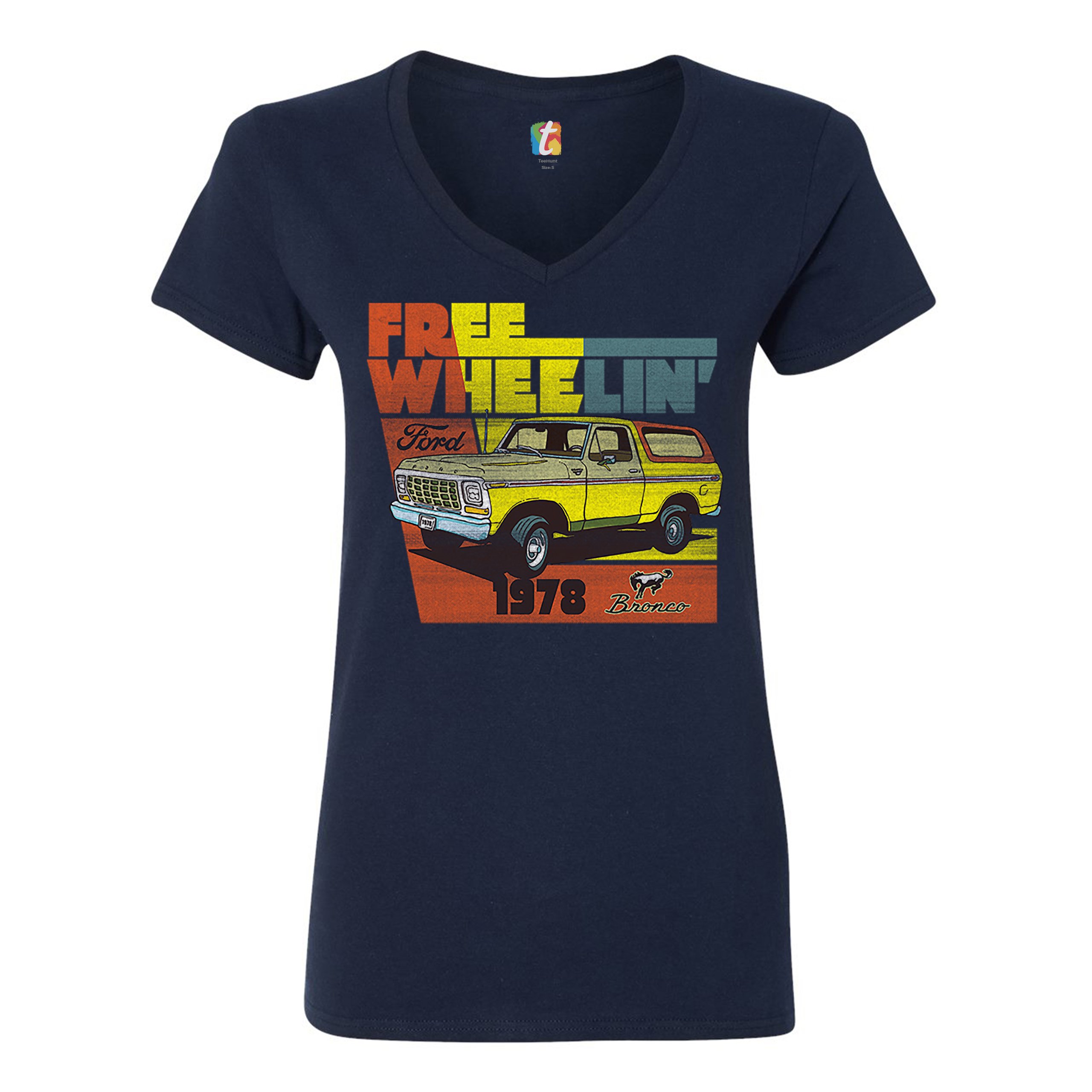 Ford Bronco 1978 Women's V-Neck T-shirt Free Wheelin' Truck SUV Licensed Tee