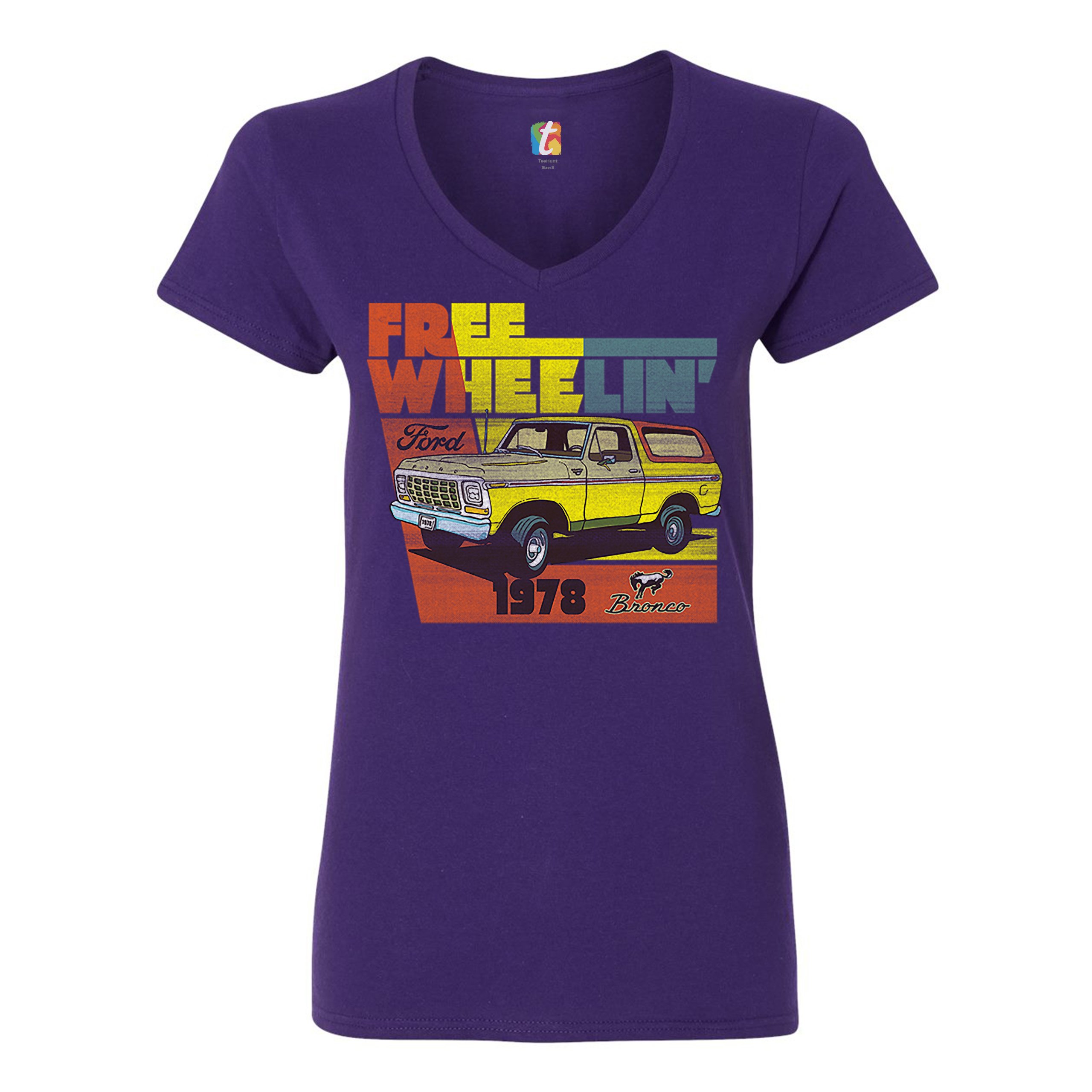 Ford Bronco 1978 Women's V-Neck T-shirt Free Wheelin' Truck SUV Licensed Tee