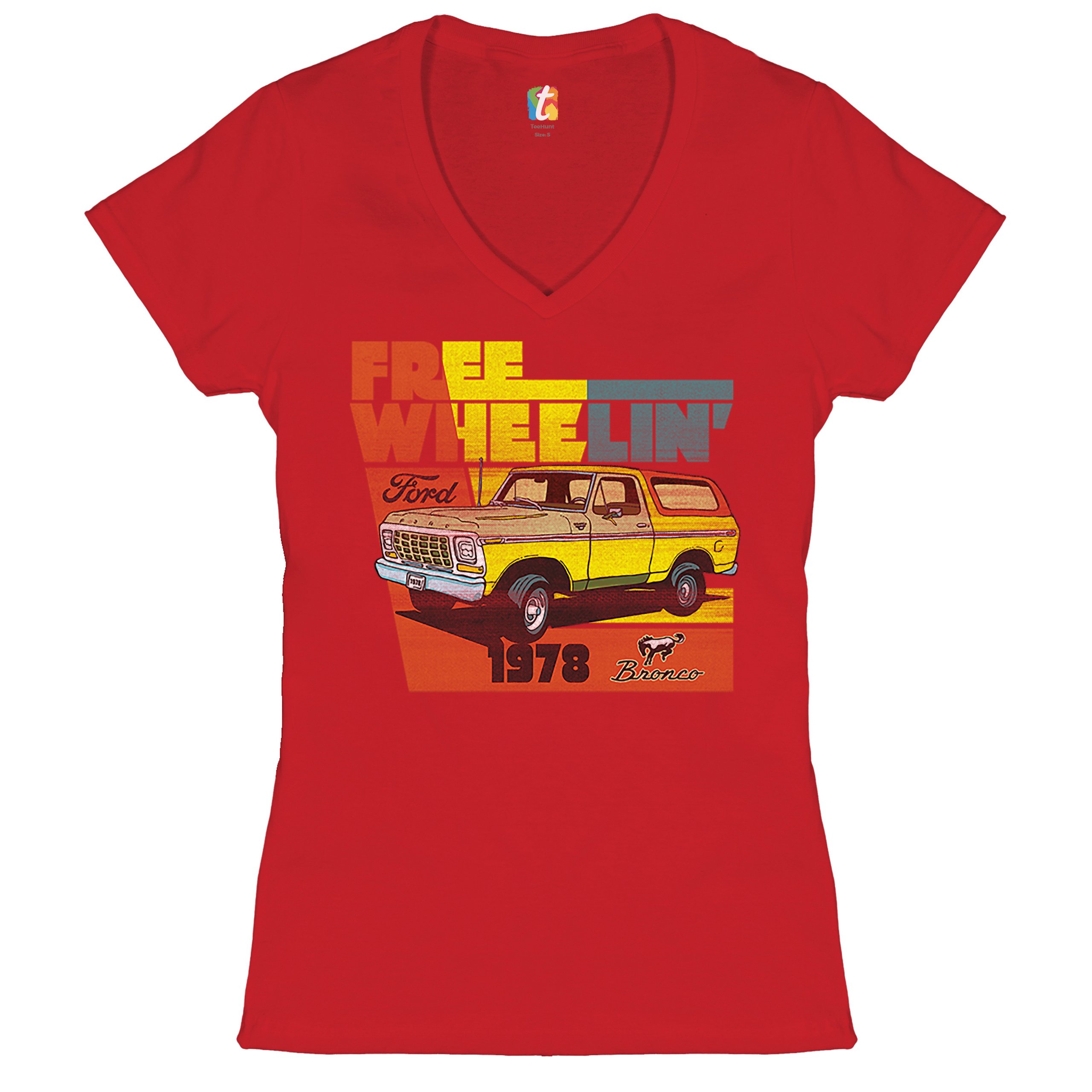 Ford Bronco 1978 Women's V-Neck T-shirt Free Wheelin' Truck SUV Licensed Tee