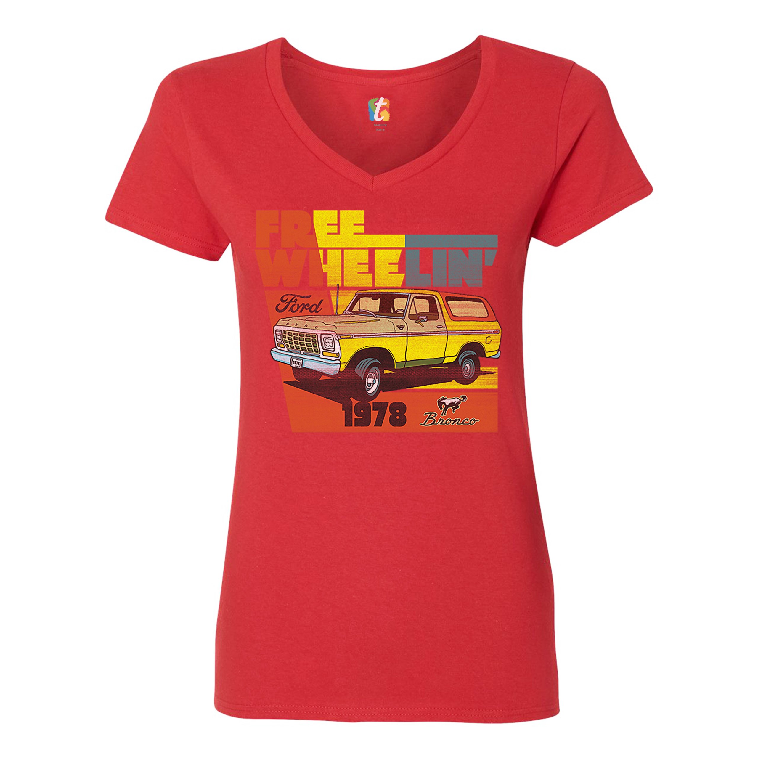 Ford Bronco 1978 Women's V-Neck T-shirt Free Wheelin' Truck SUV Licensed Tee