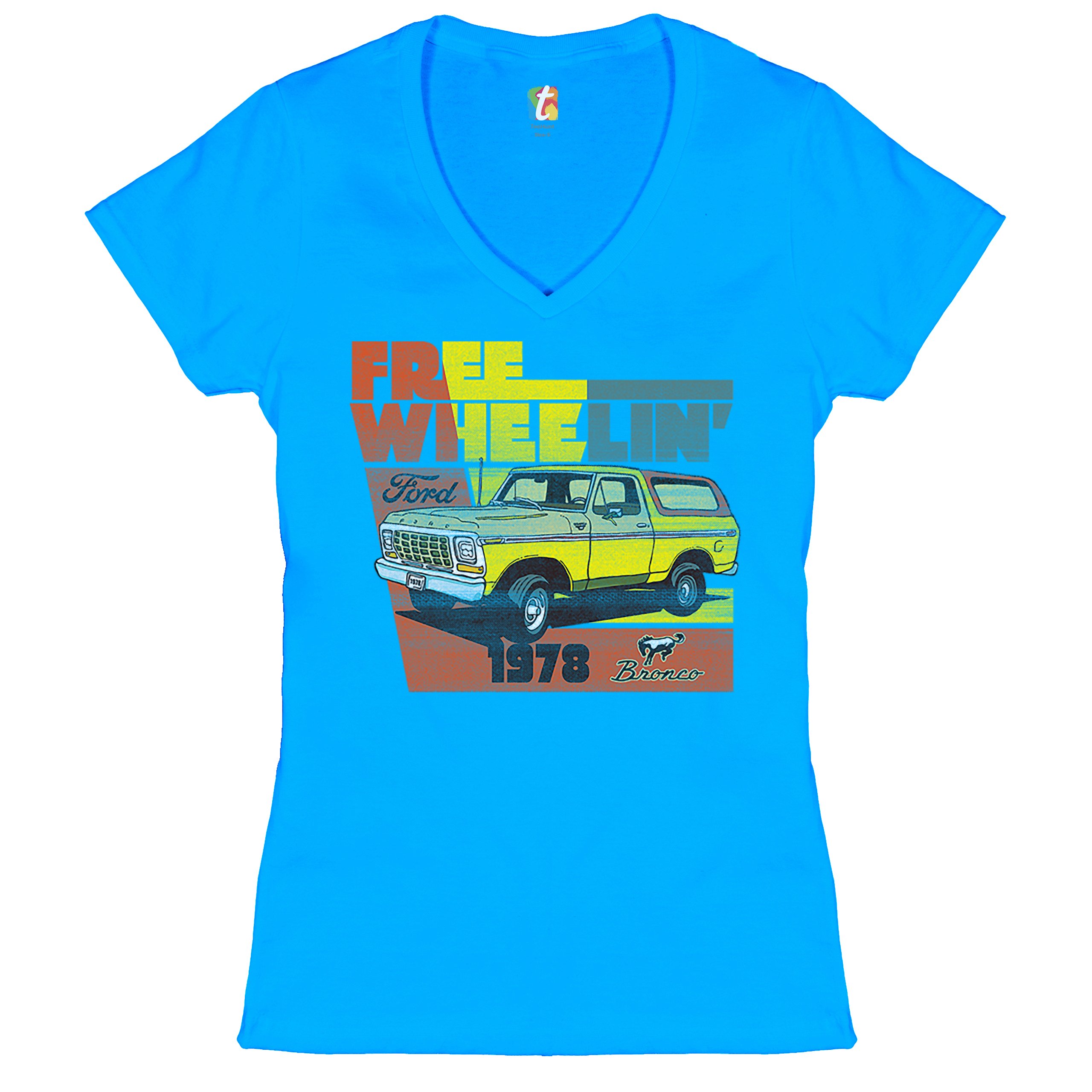 Ford Bronco 1978 Women's V-Neck T-shirt Free Wheelin' Truck SUV Licensed Tee