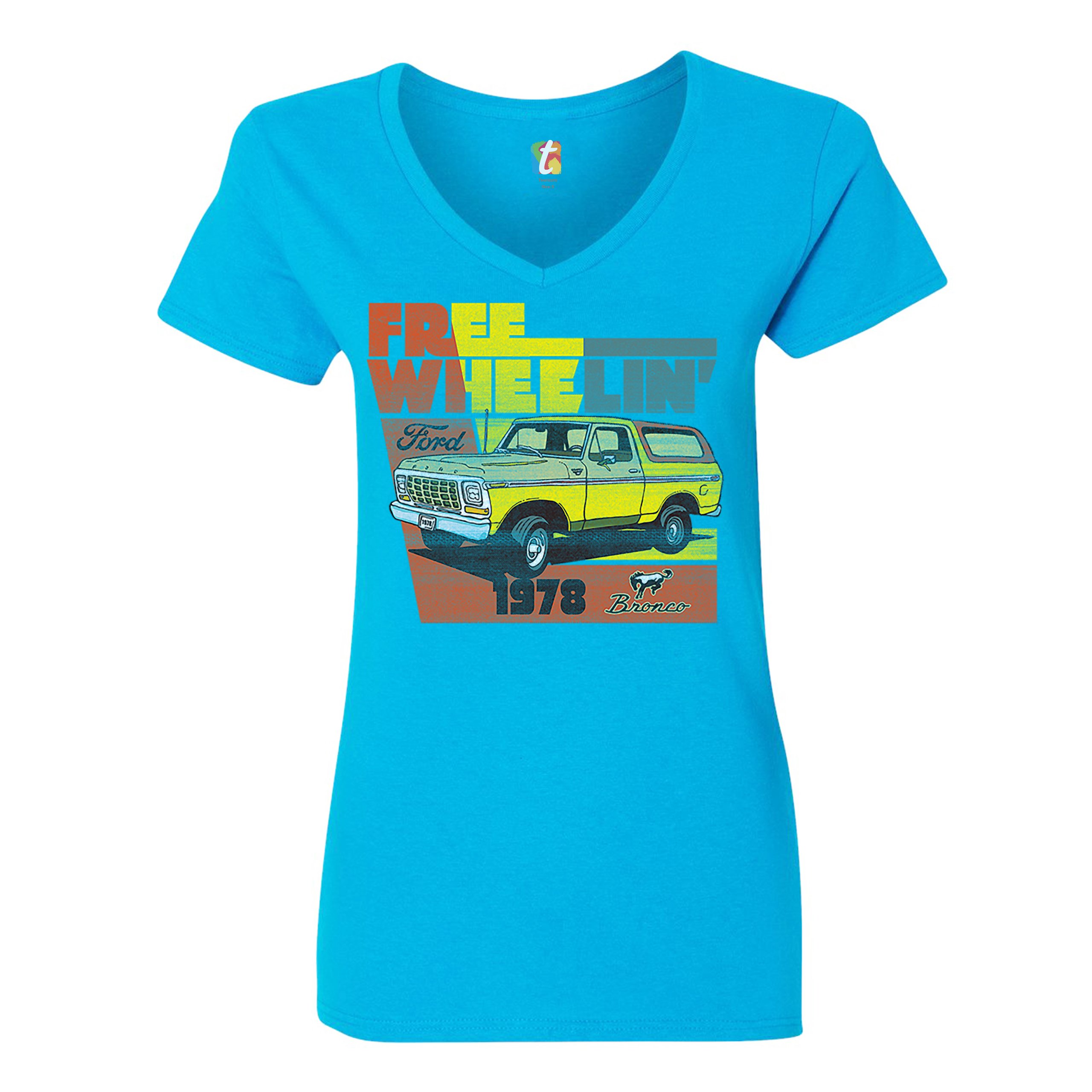 Ford Bronco 1978 Women's V-Neck T-shirt Free Wheelin' Truck SUV Licensed Tee