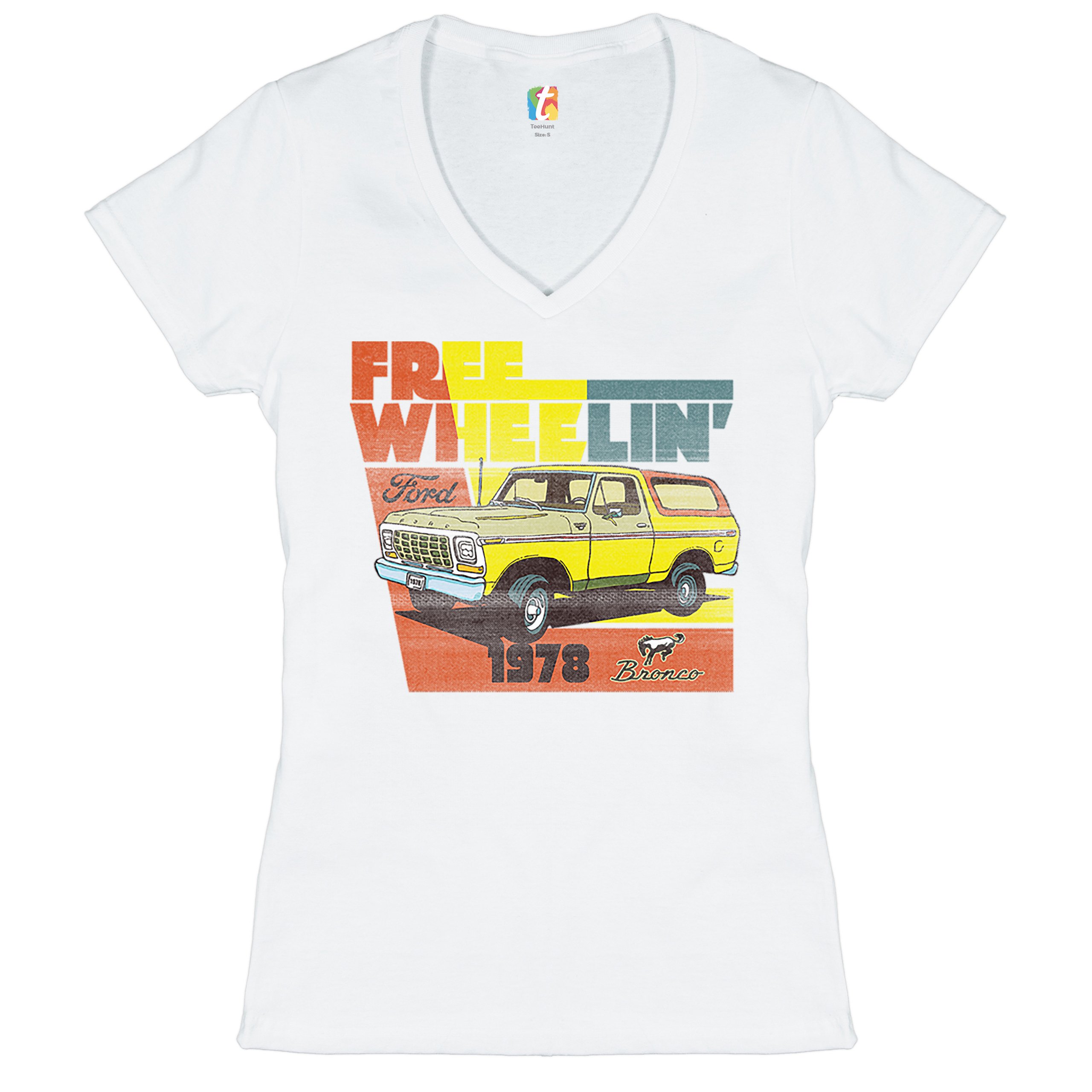 Ford Bronco 1978 Women's V-Neck T-shirt Free Wheelin' Truck SUV Licensed Tee