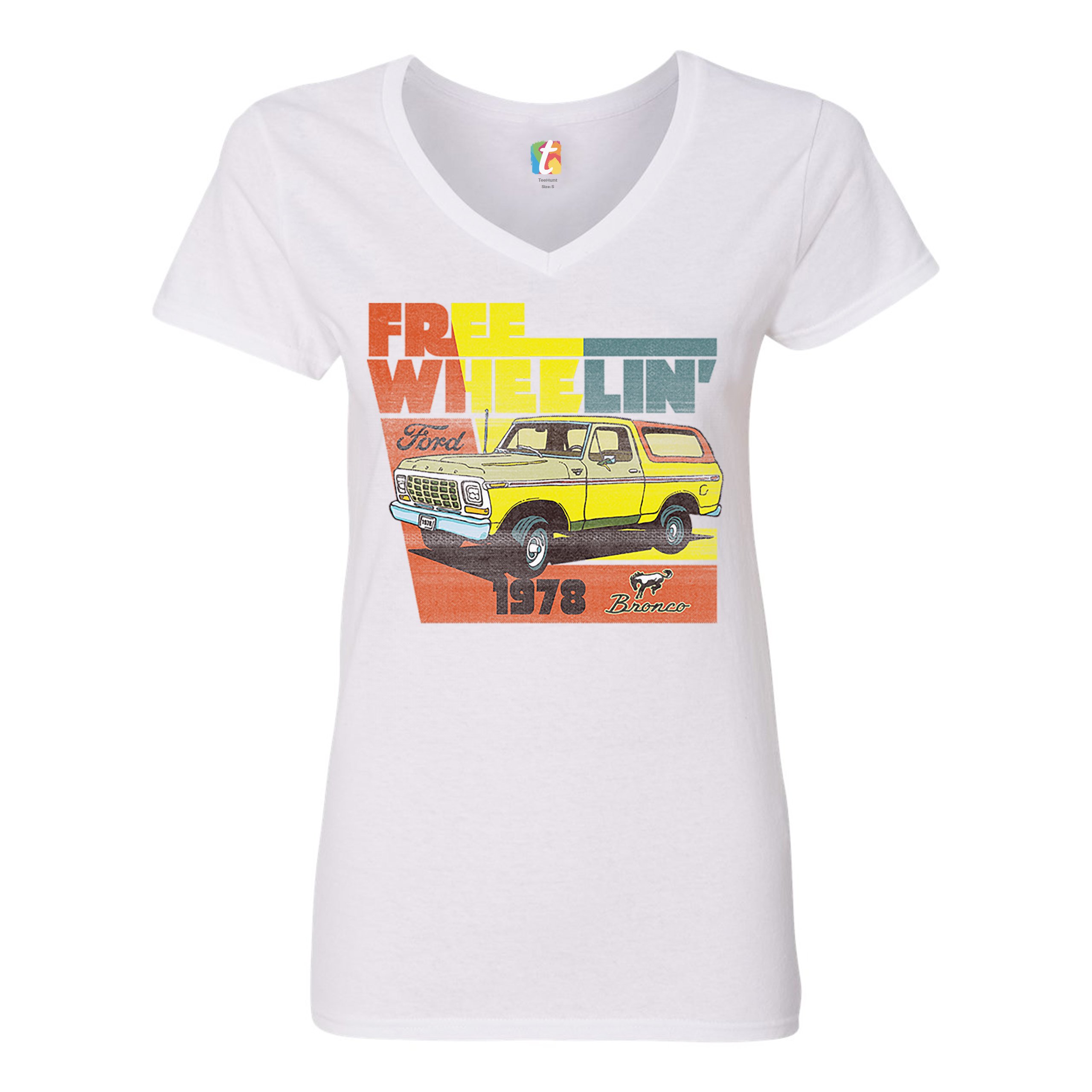 Ford Bronco 1978 Women's V-Neck T-shirt Free Wheelin' Truck SUV Licensed Tee