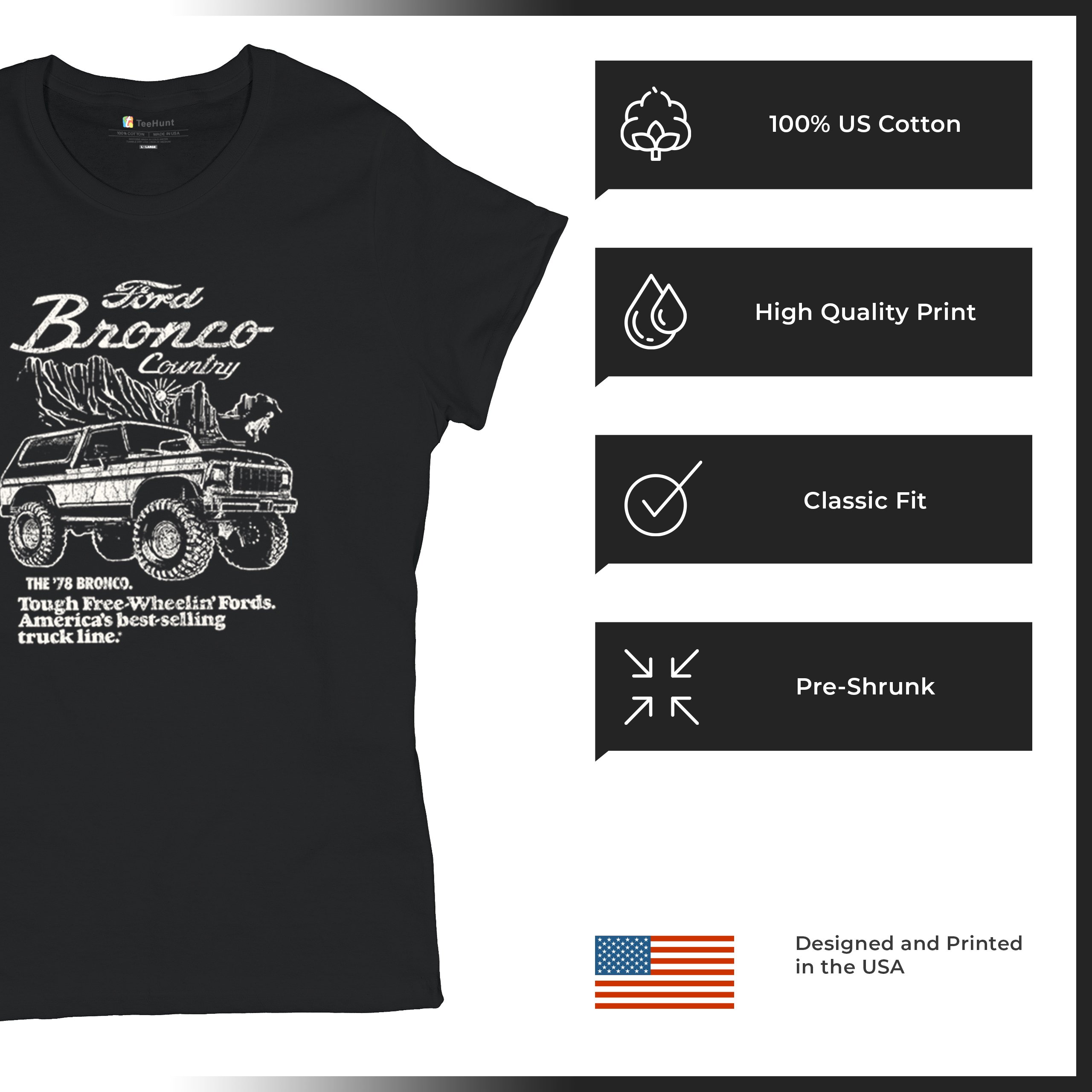Ford Bronco Country Tough Free Wheeling 1978 T-Shirt Vintage Truck Damen Tee - Bild 7 von 8