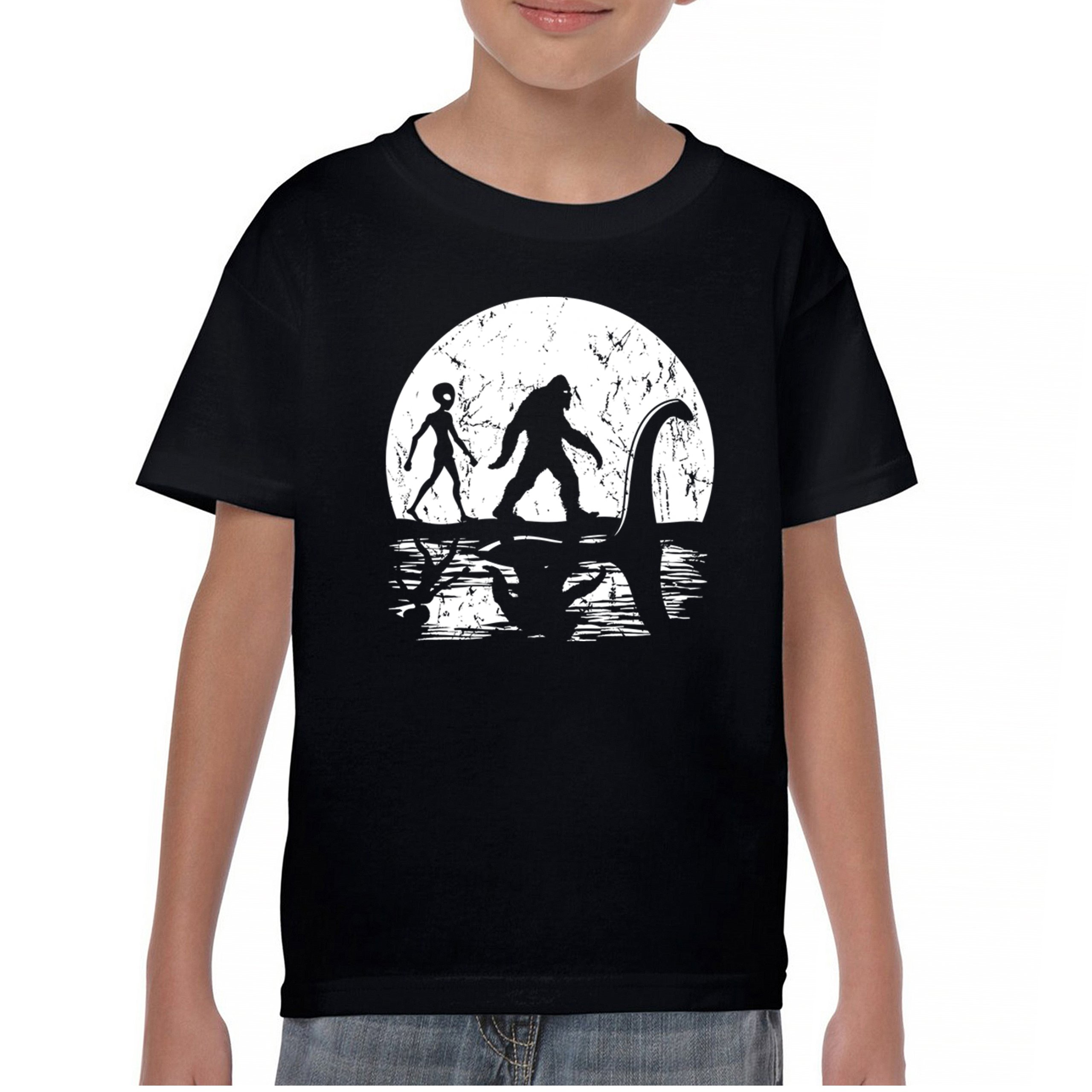 Alien Bigfoot Loch Ness Monster Moon Youth T-shirt UFO Sasquatch Dinosaur Kids - Picture 2 of 36