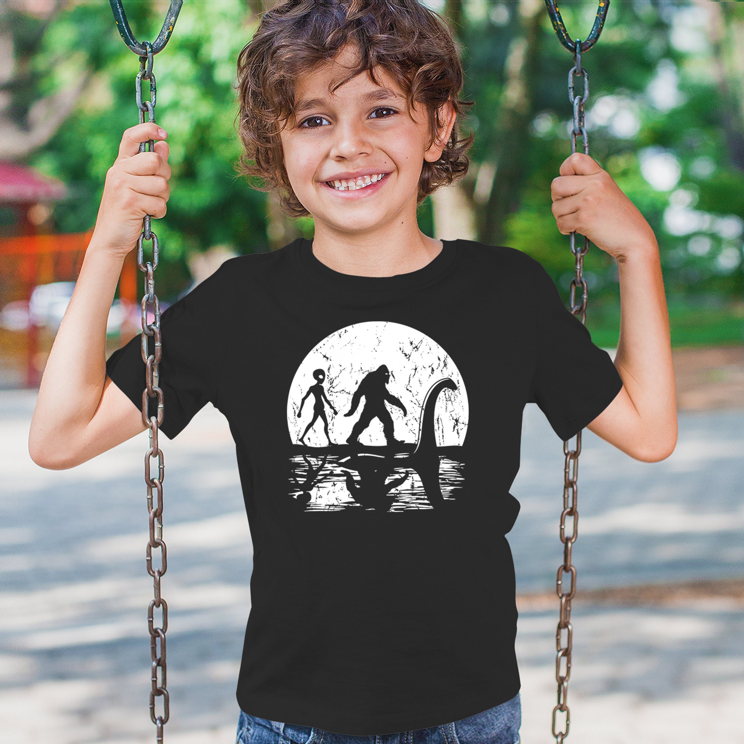 Alien Bigfoot Loch Ness Monster Moon Youth T-shirt UFO Sasquatch Dinosaur Kids - Picture 5 of 36