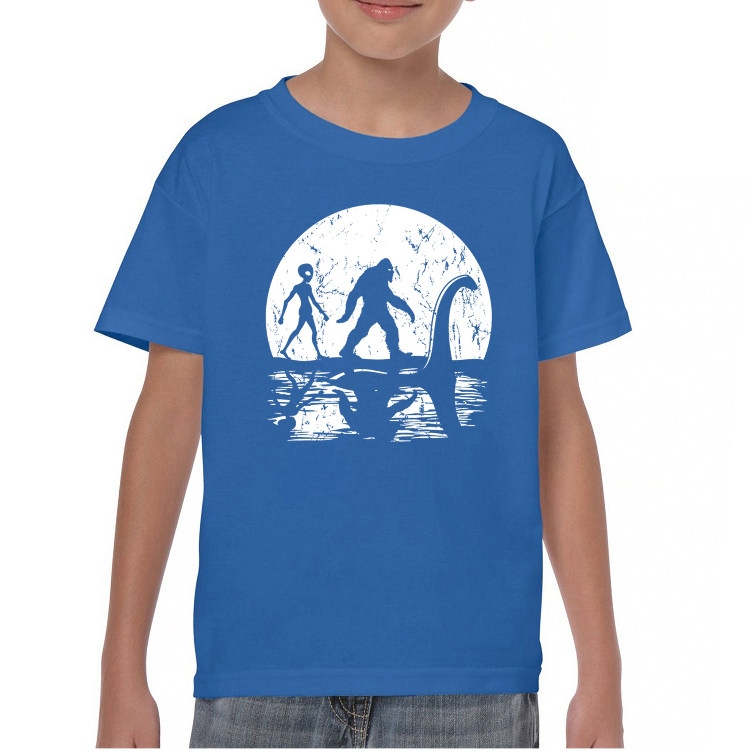 Alien Bigfoot Loch Ness Monster Moon Youth T-shirt UFO Sasquatch Dinosaur Kids - Picture 23 of 36