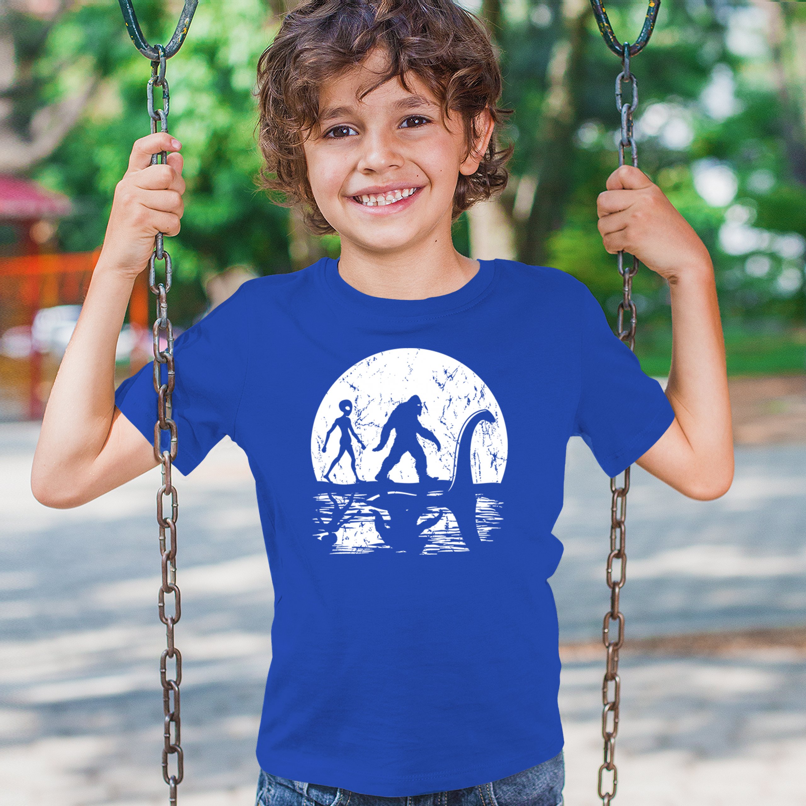 Alien Bigfoot Loch Ness Monster Moon Youth T-shirt UFO Sasquatch Dinosaur Kids - Picture 26 of 36