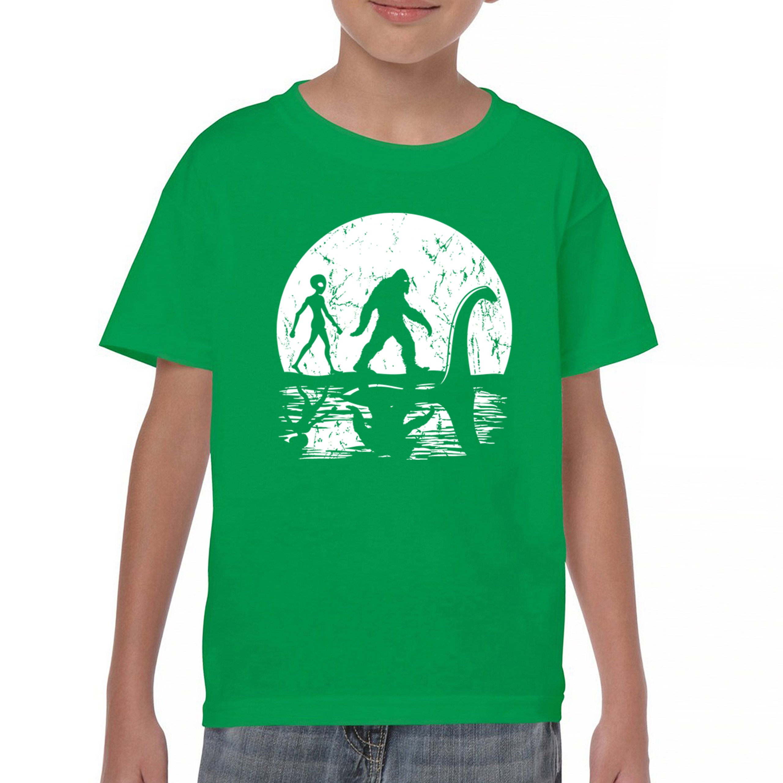 Alien Bigfoot Loch Ness Monster Moon Youth T-shirt UFO Sasquatch Dinosaur Kids - Picture 16 of 36