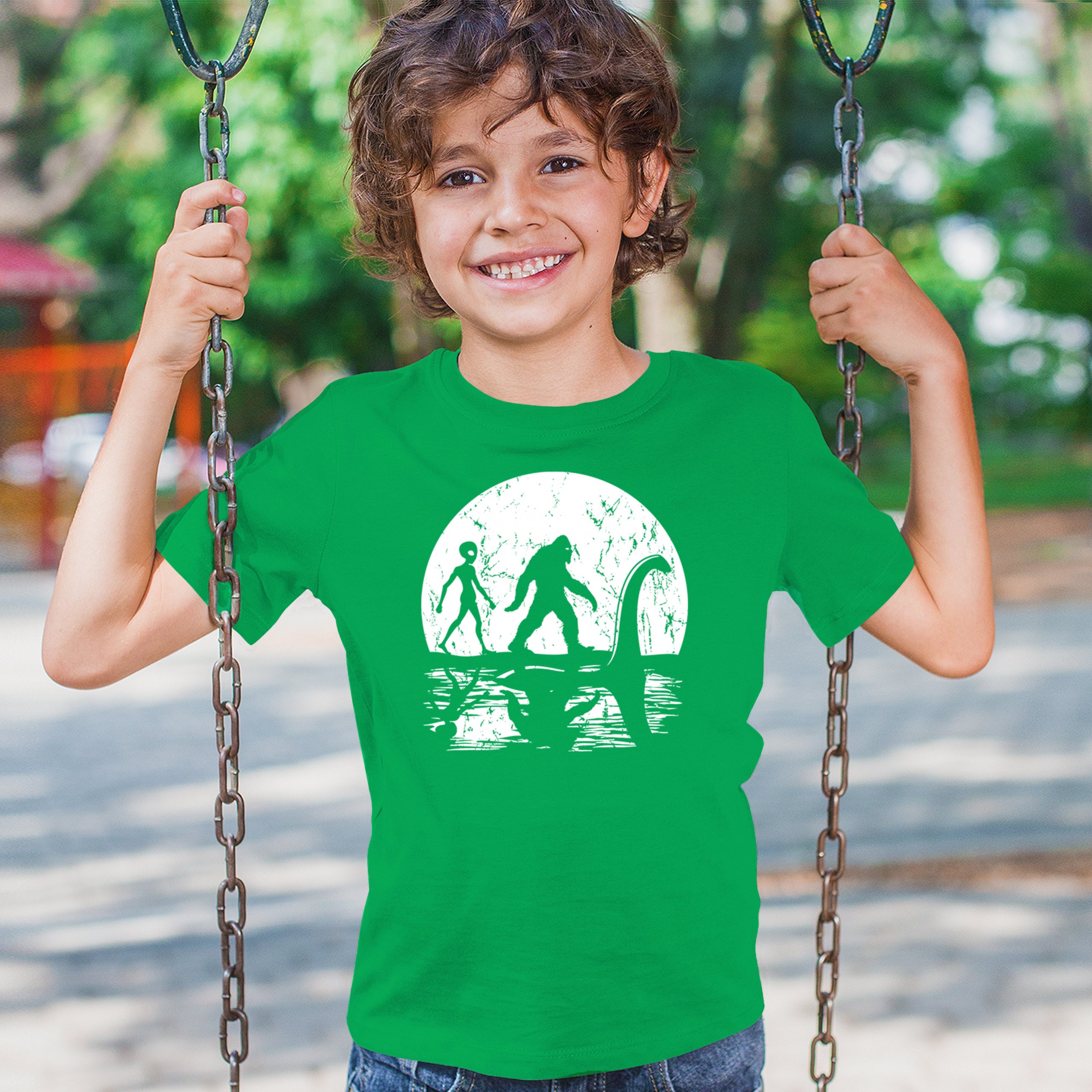 Alien Bigfoot Loch Ness Monster Moon Youth T-shirt UFO Sasquatch Dinosaur Kids - Picture 19 of 36
