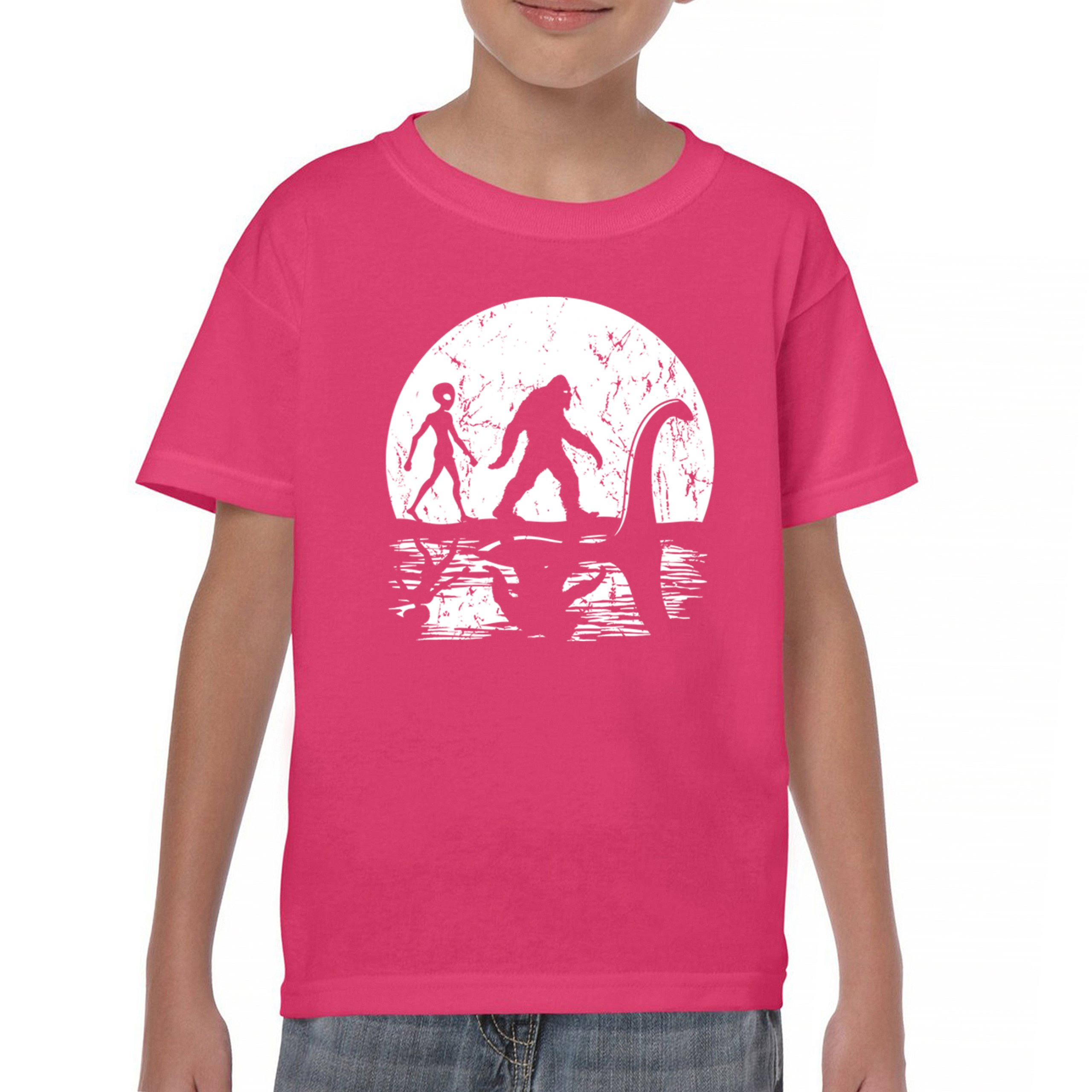 Alien Bigfoot Loch Ness Monster Moon Youth T-shirt UFO Sasquatch Dinosaur Kids - Picture 30 of 36