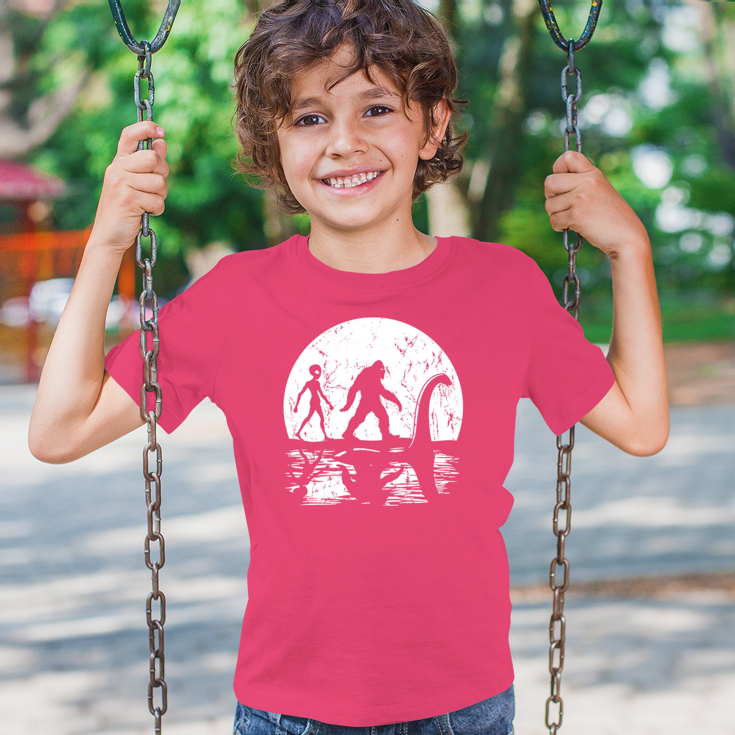 Alien Bigfoot Loch Ness Monster Moon Youth T-shirt UFO Sasquatch Dinosaur Kids - Picture 33 of 36
