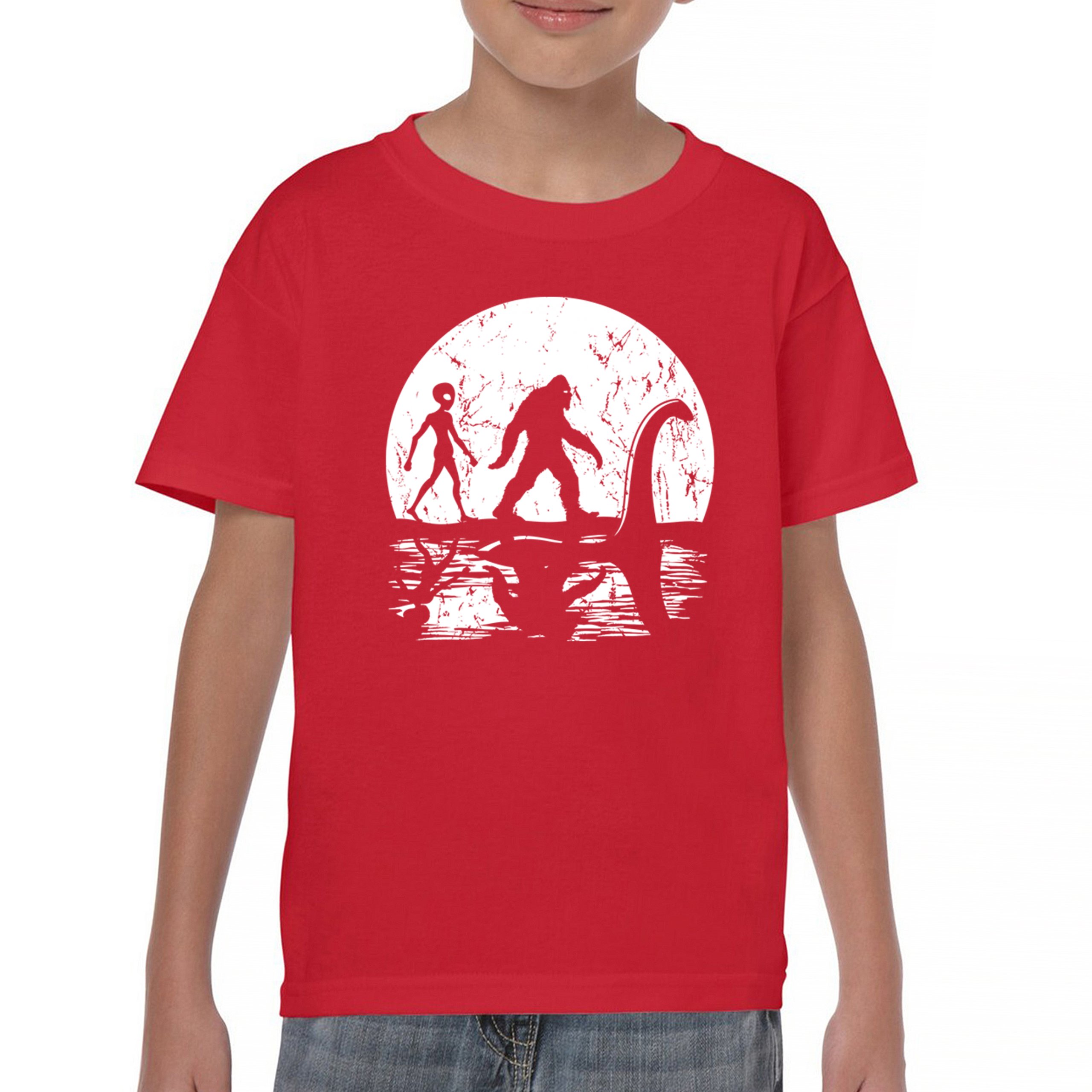 Alien Bigfoot Loch Ness Monster Moon Youth T-shirt UFO Sasquatch Dinosaur Kids - Picture 9 of 36