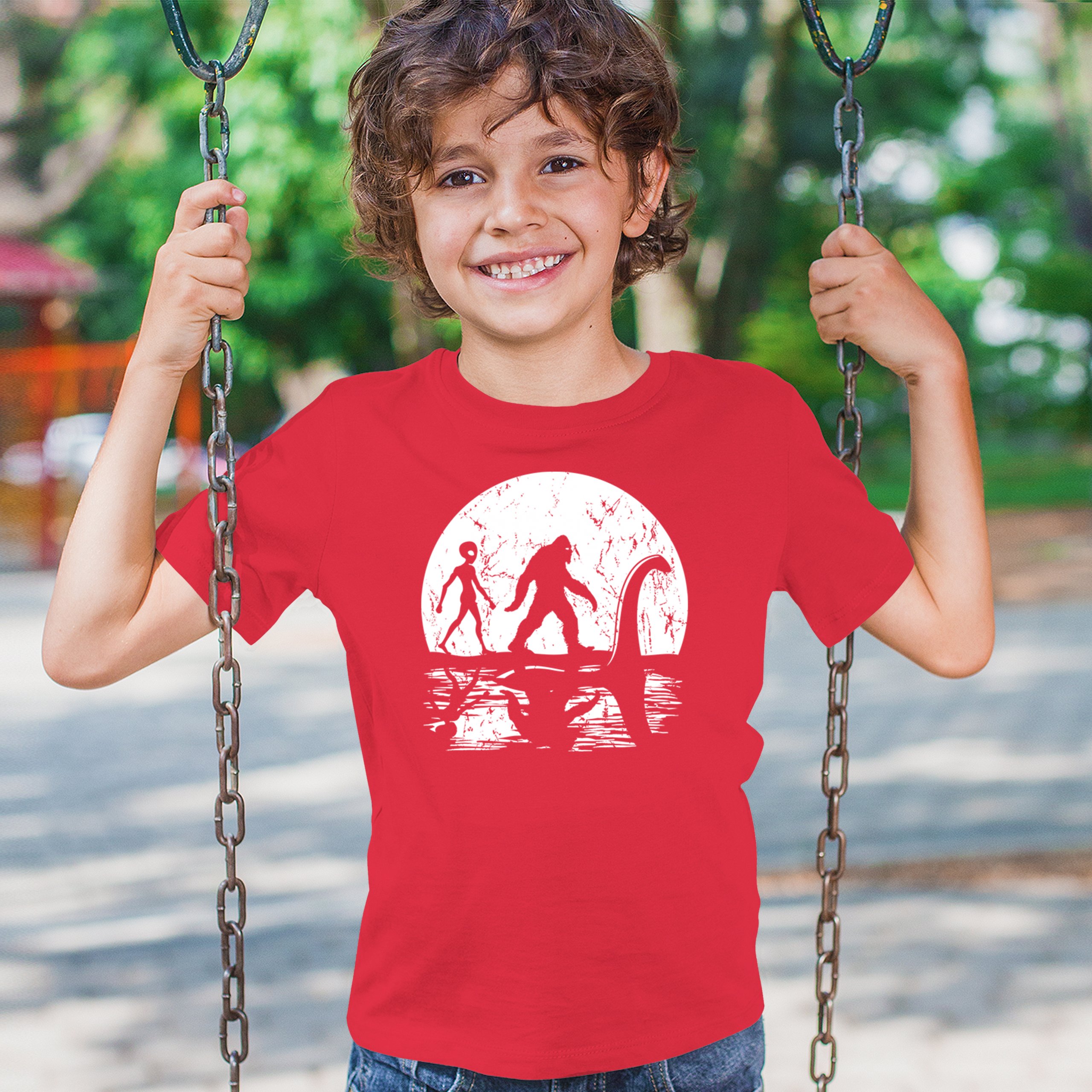 Alien Bigfoot Loch Ness Monster Moon Youth T-shirt UFO Sasquatch Dinosaur Kids - Picture 12 of 36