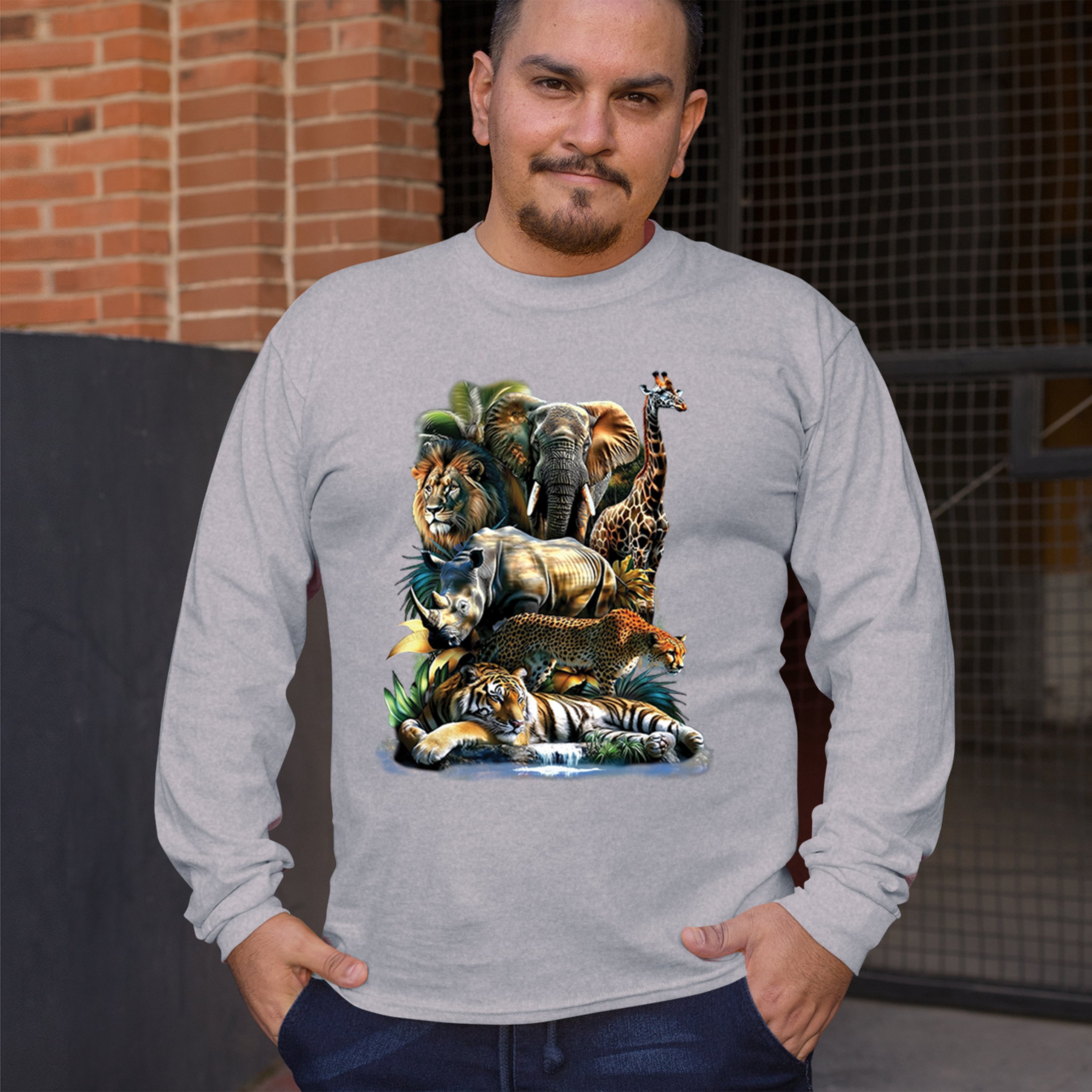 Exotic Collage Long Sleeve T-shirt Jungle Safari Animal Wild Nature Lion Tiger - 第 12/78 張圖片